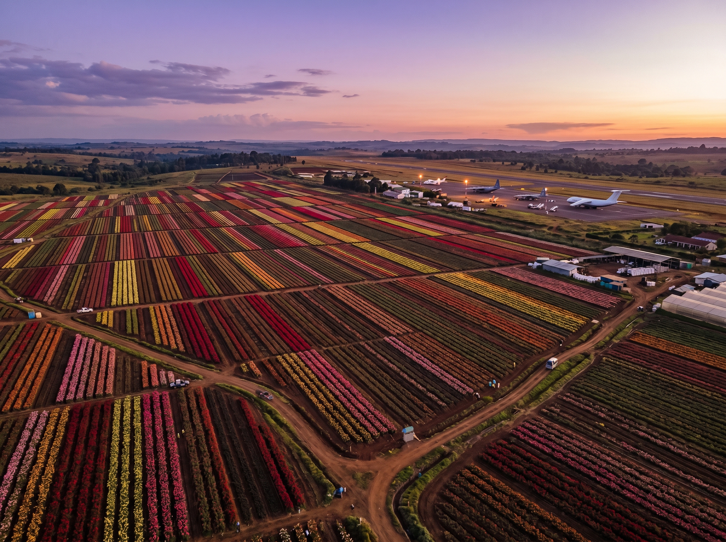 Aerial view of Kenyan flower farm with rows of colorful roses