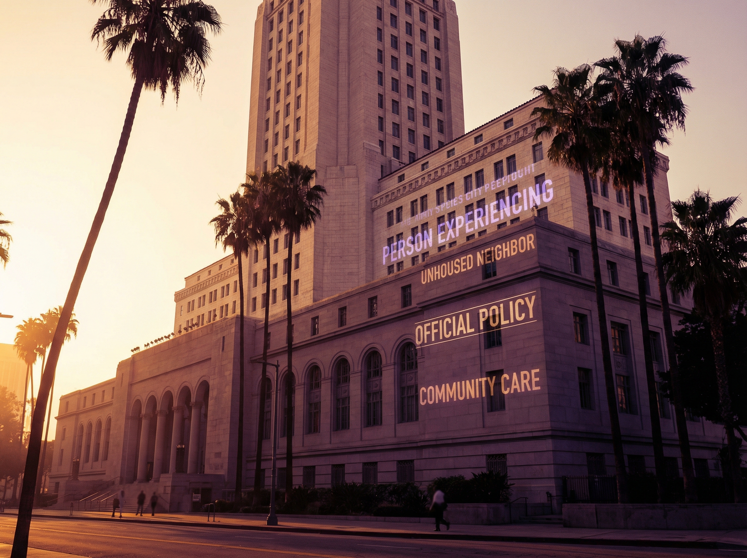 Los Angeles City Hall at golden hour with palm trees