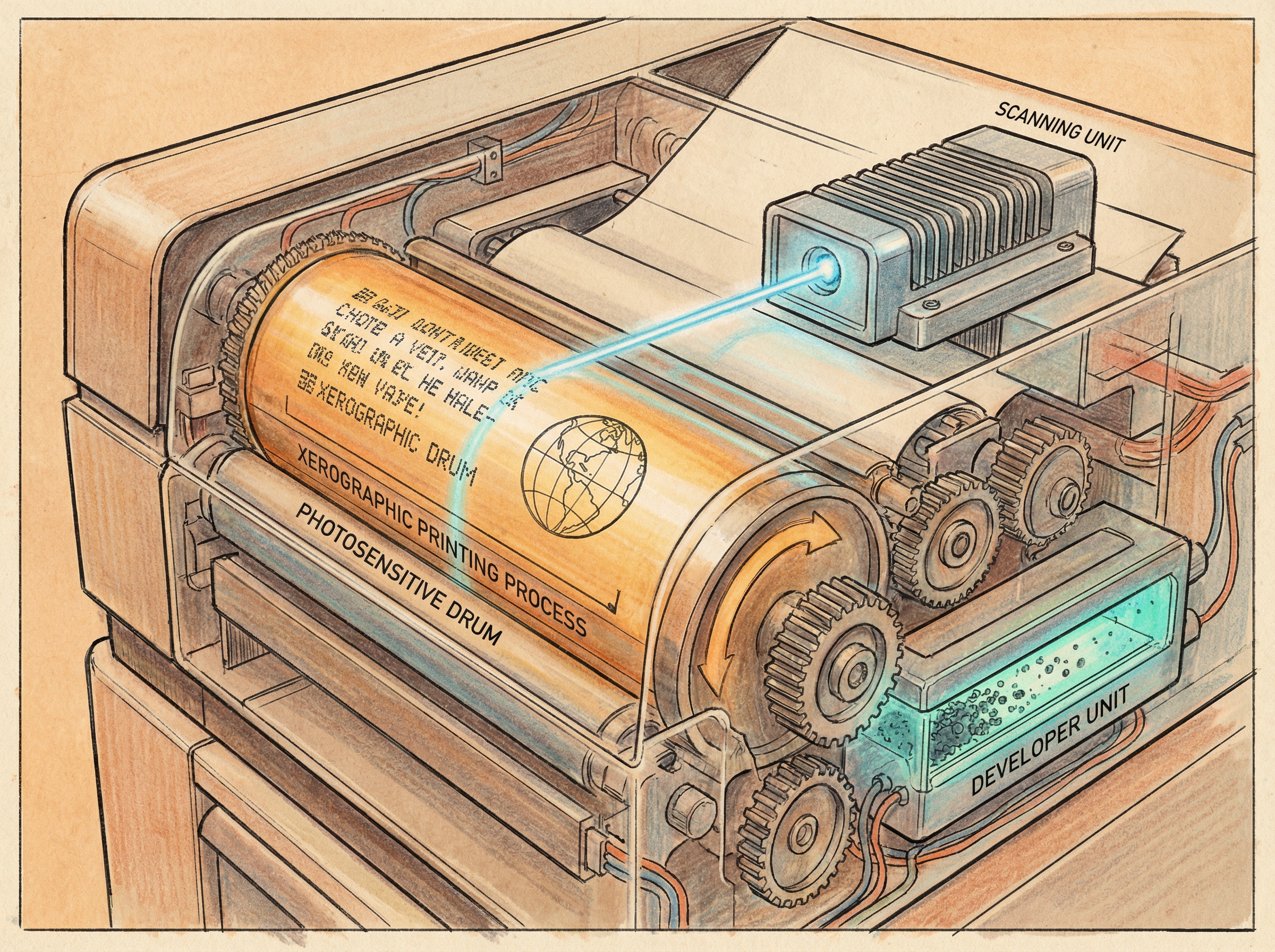 Laser beam scanning across a photosensitive drum, cutaway technical illustration of xerographic printing