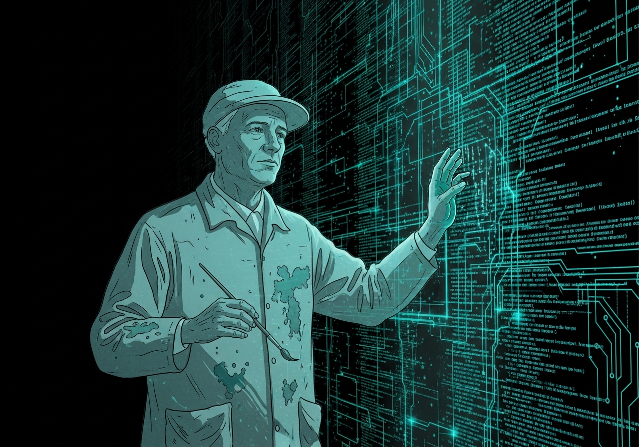 Ghostly artist figure before a wall of code they cannot touch