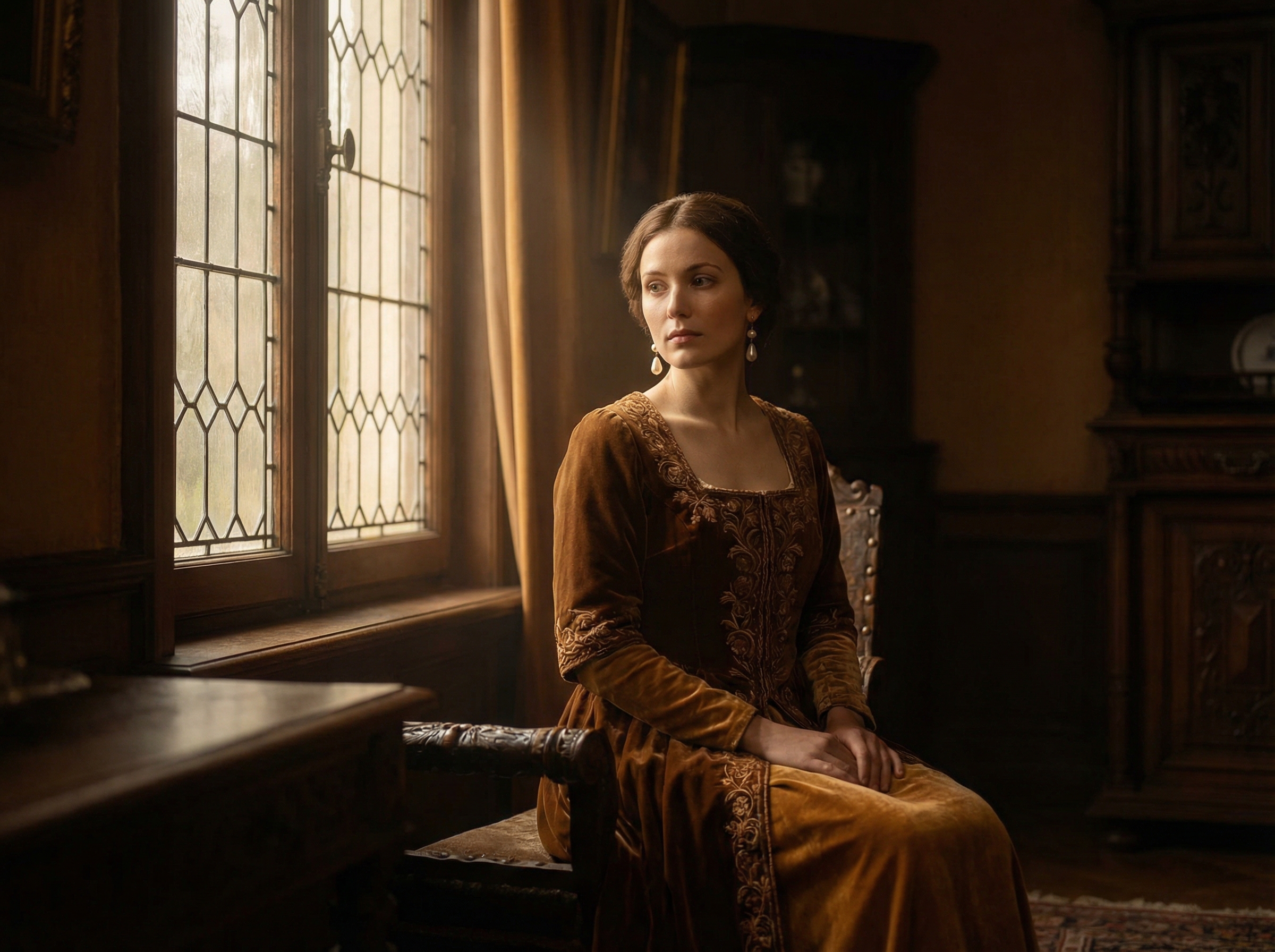 Elegant woman in painterly window light reminiscent of Vermeer old master paintings