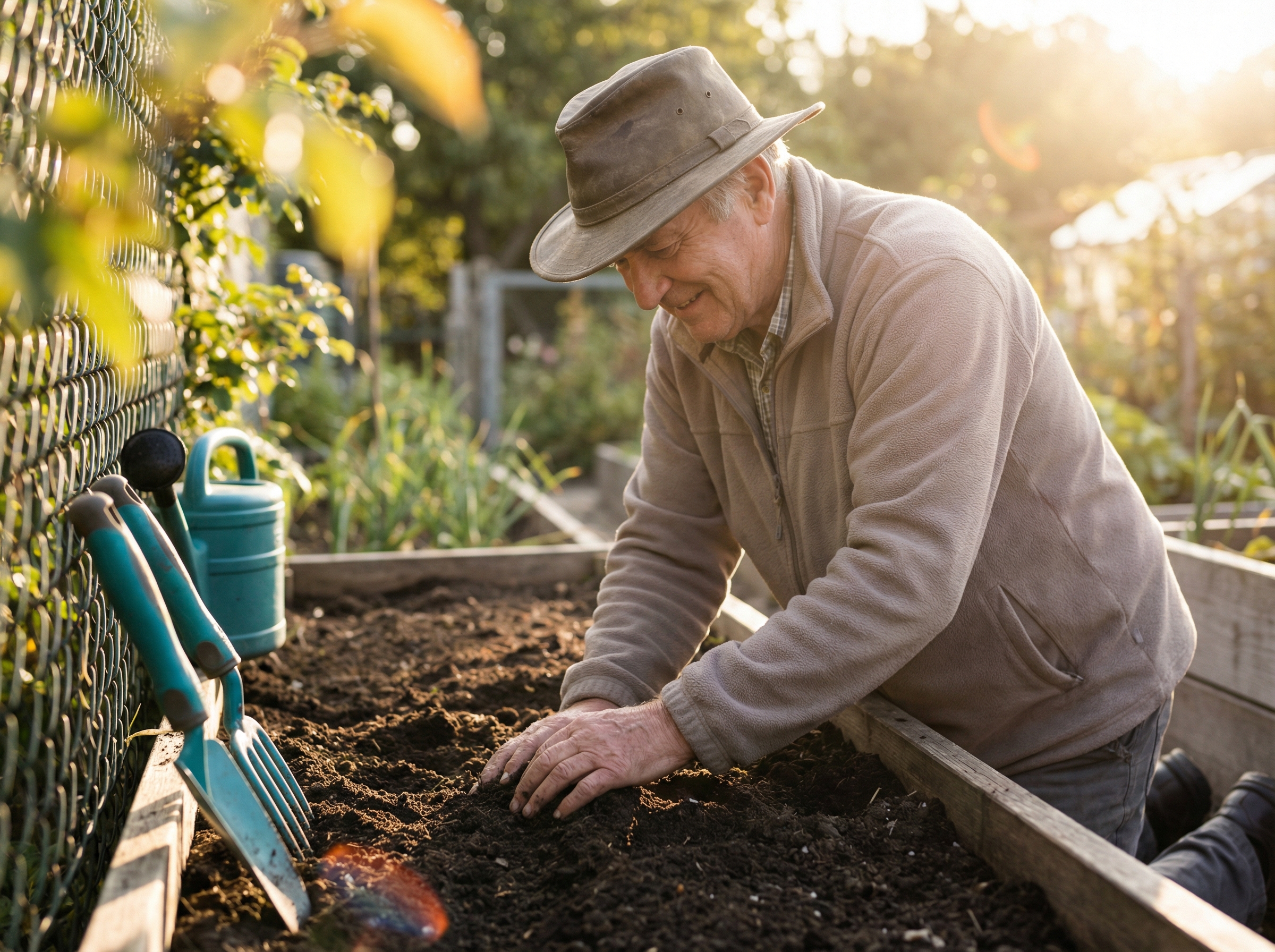 Older man gardening in morning light