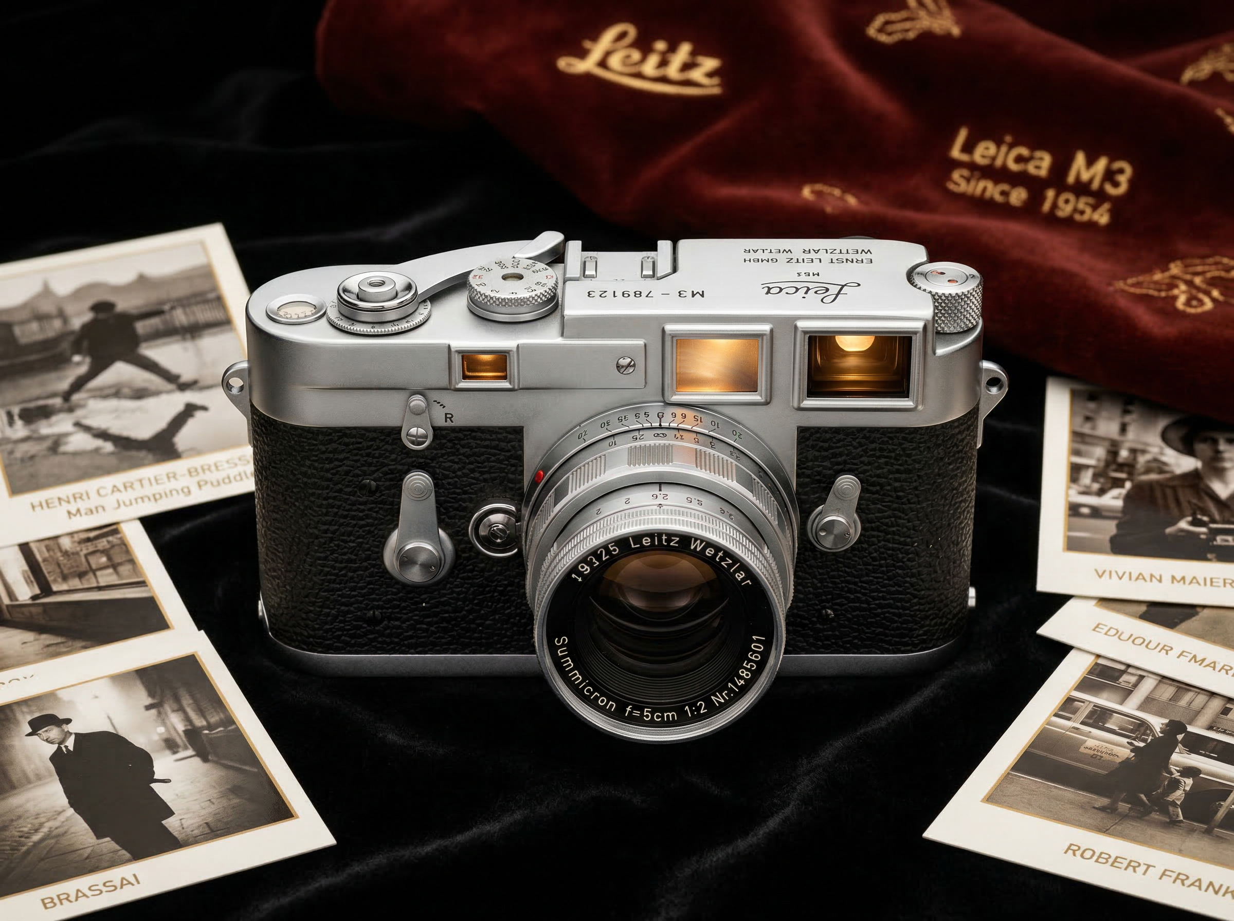 A pristine chrome Leica M3 rangefinder photographed as a hero product shot, luxury editorial style