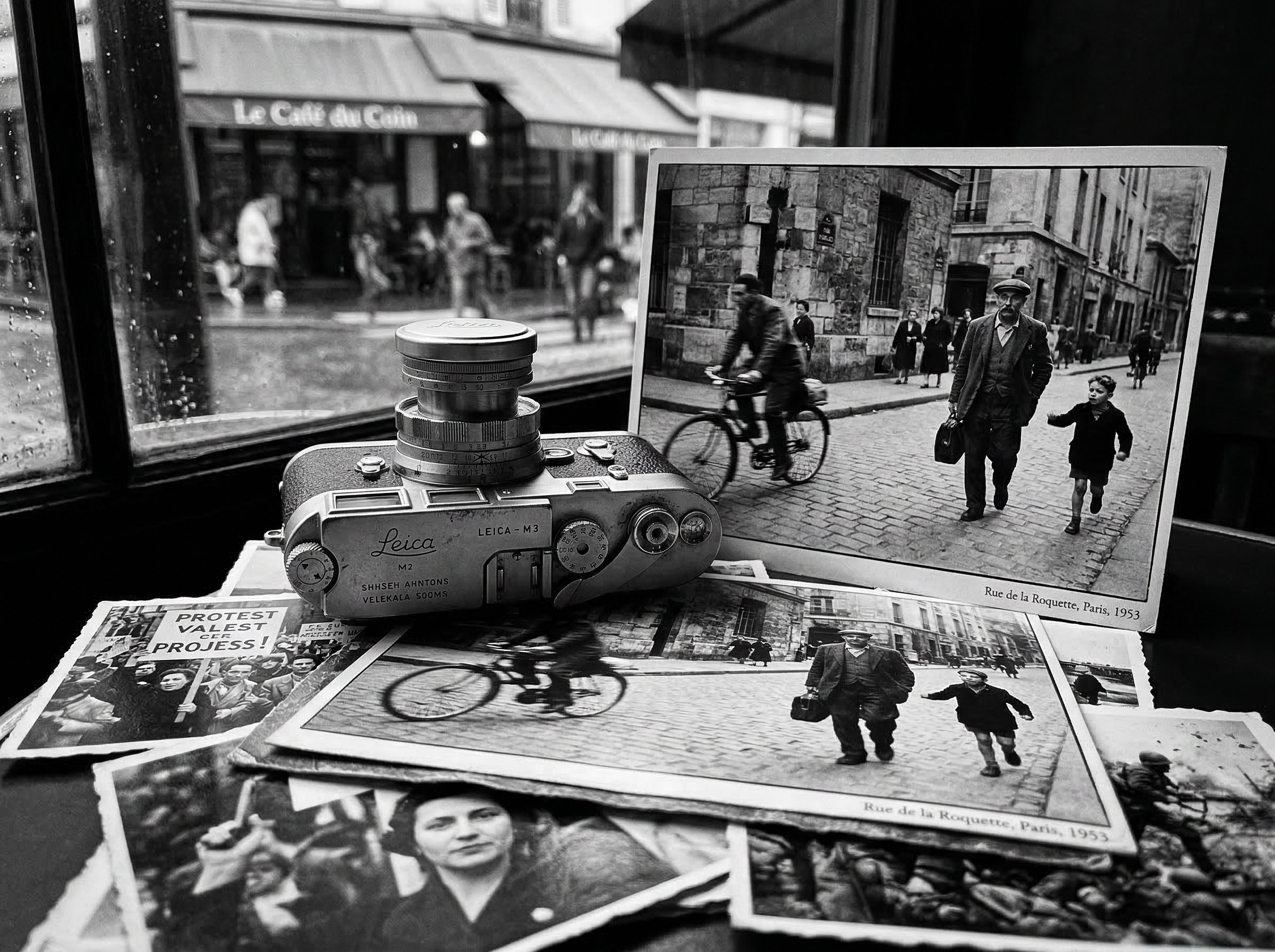 A classic chrome Leica M3 rangefinder camera on a stack of black-and-white photojournalism prints