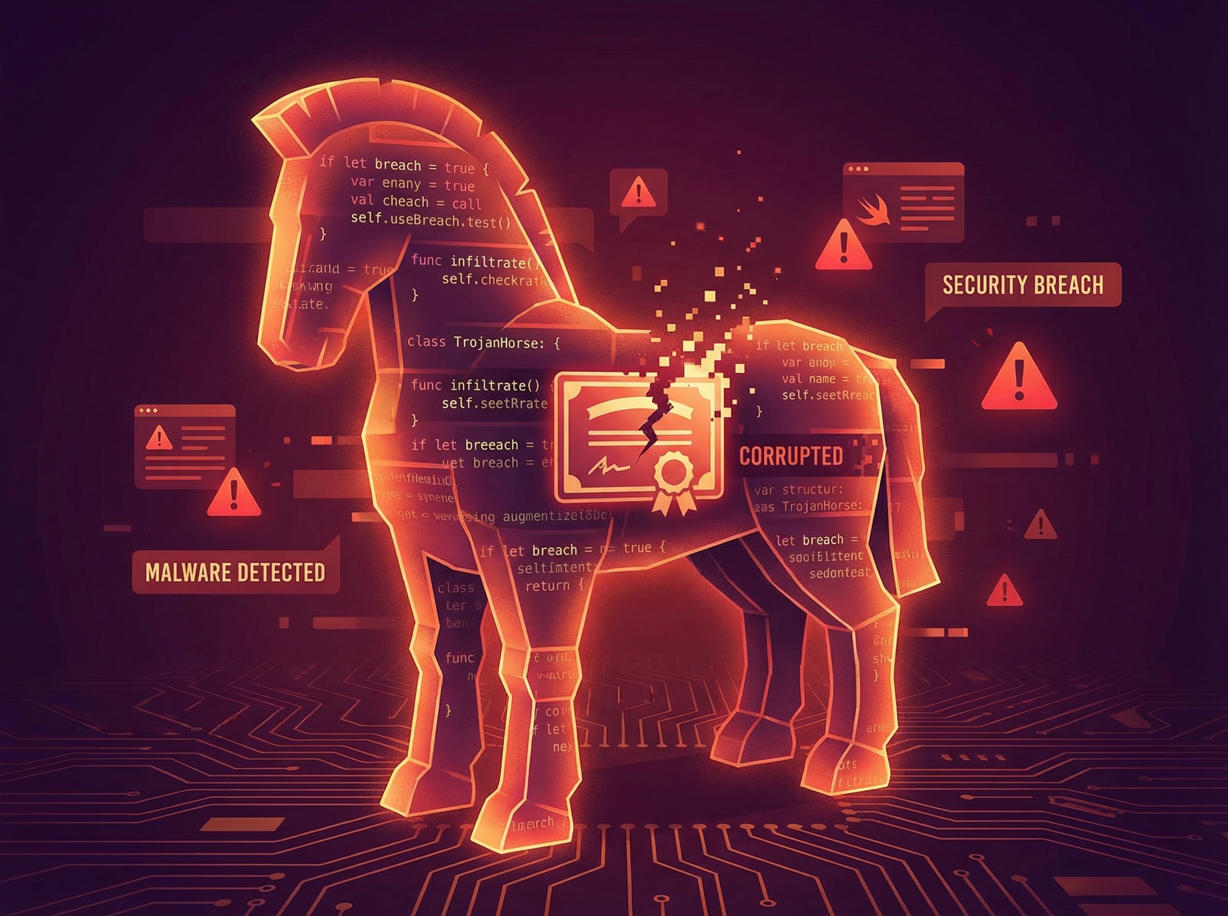 Digital trojan horse made of code, representing signed malware