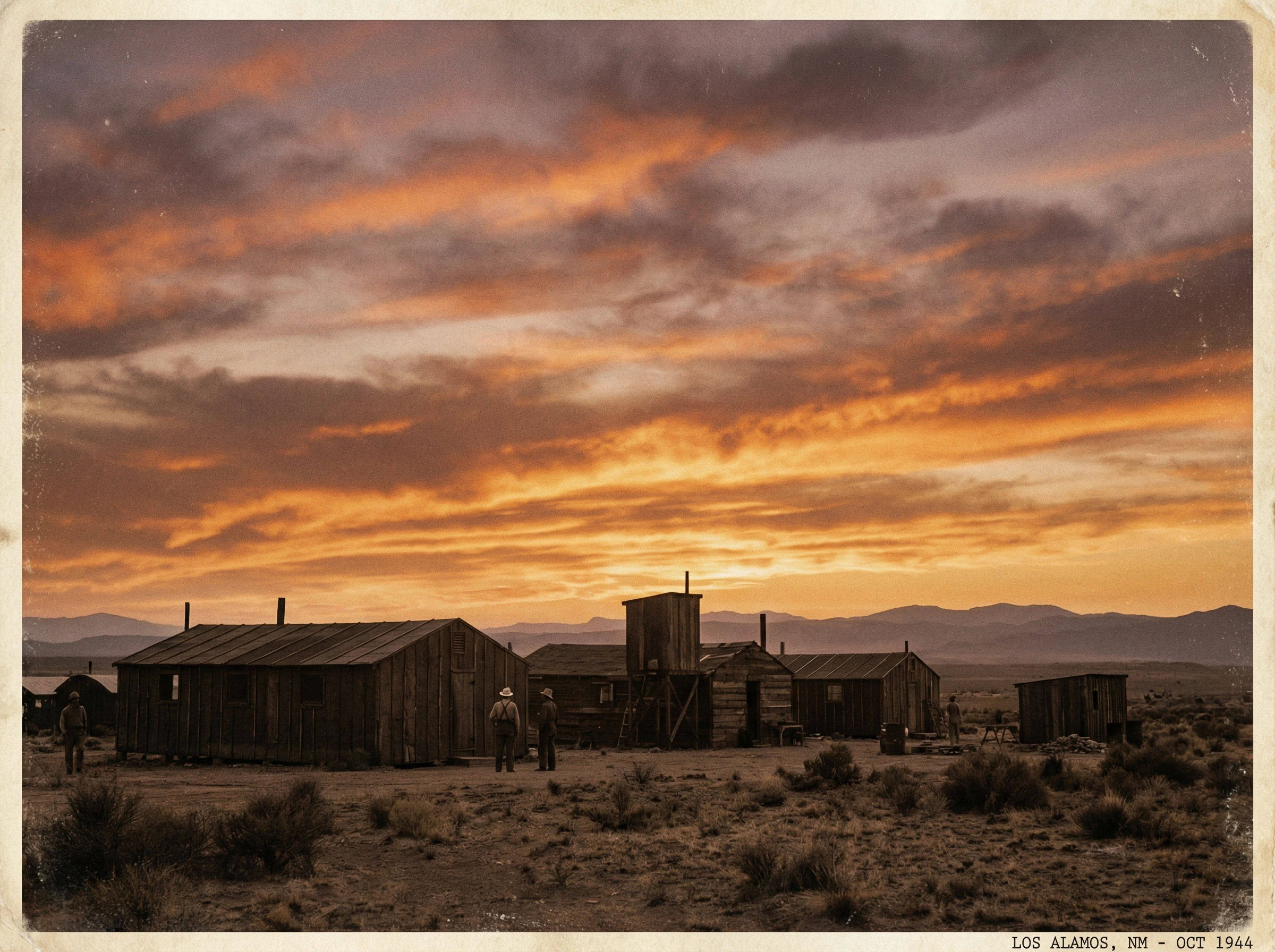 1940s Los Alamos desert landscape at sunset with silhouettes of wooden buildings