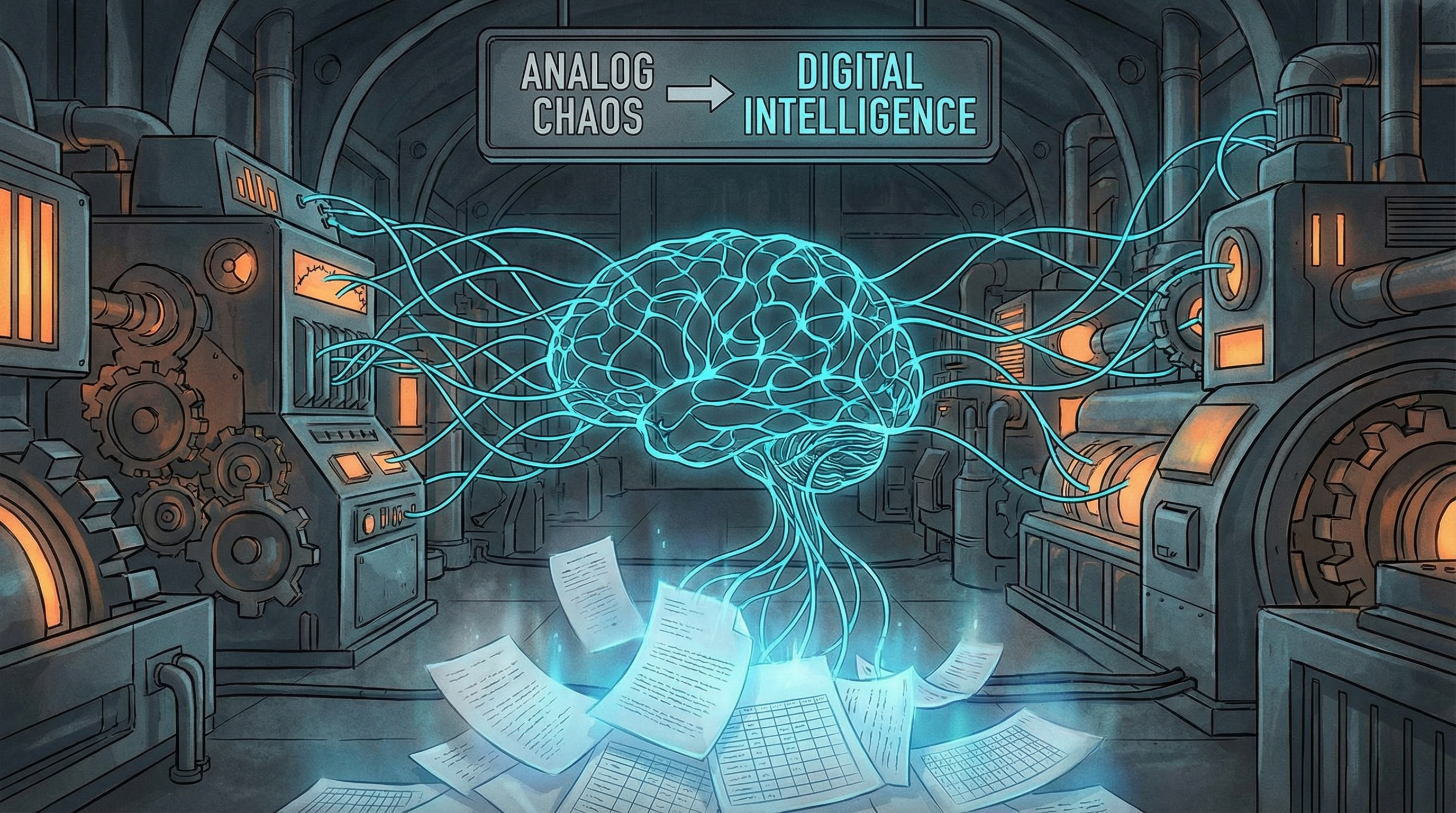 Factory floor with machinery woven together by glowing AI neural pathways, replacing scattered paper and spreadsheets