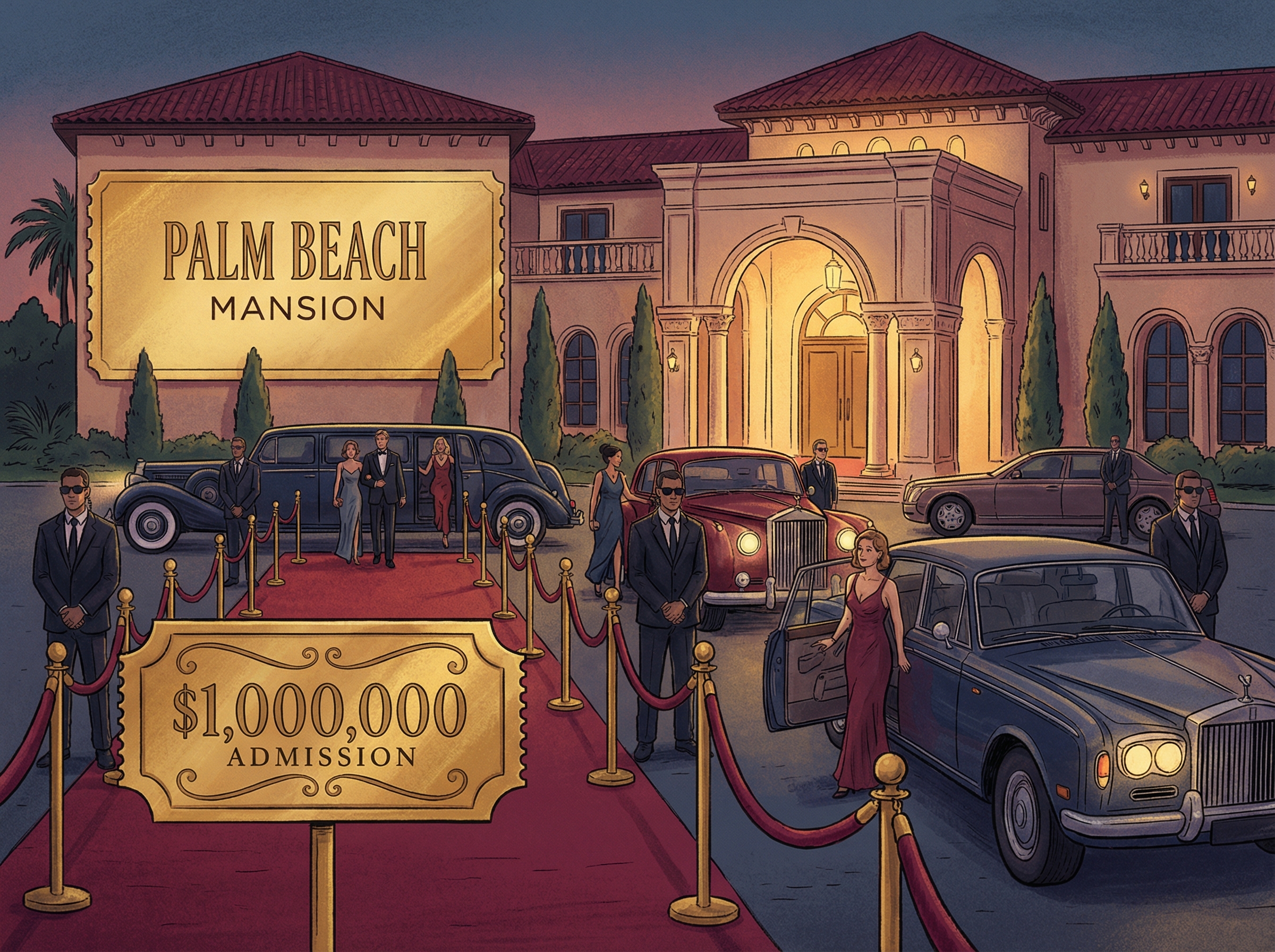 Luxury Palm Beach mansion with velvet rope and million-dollar ticket