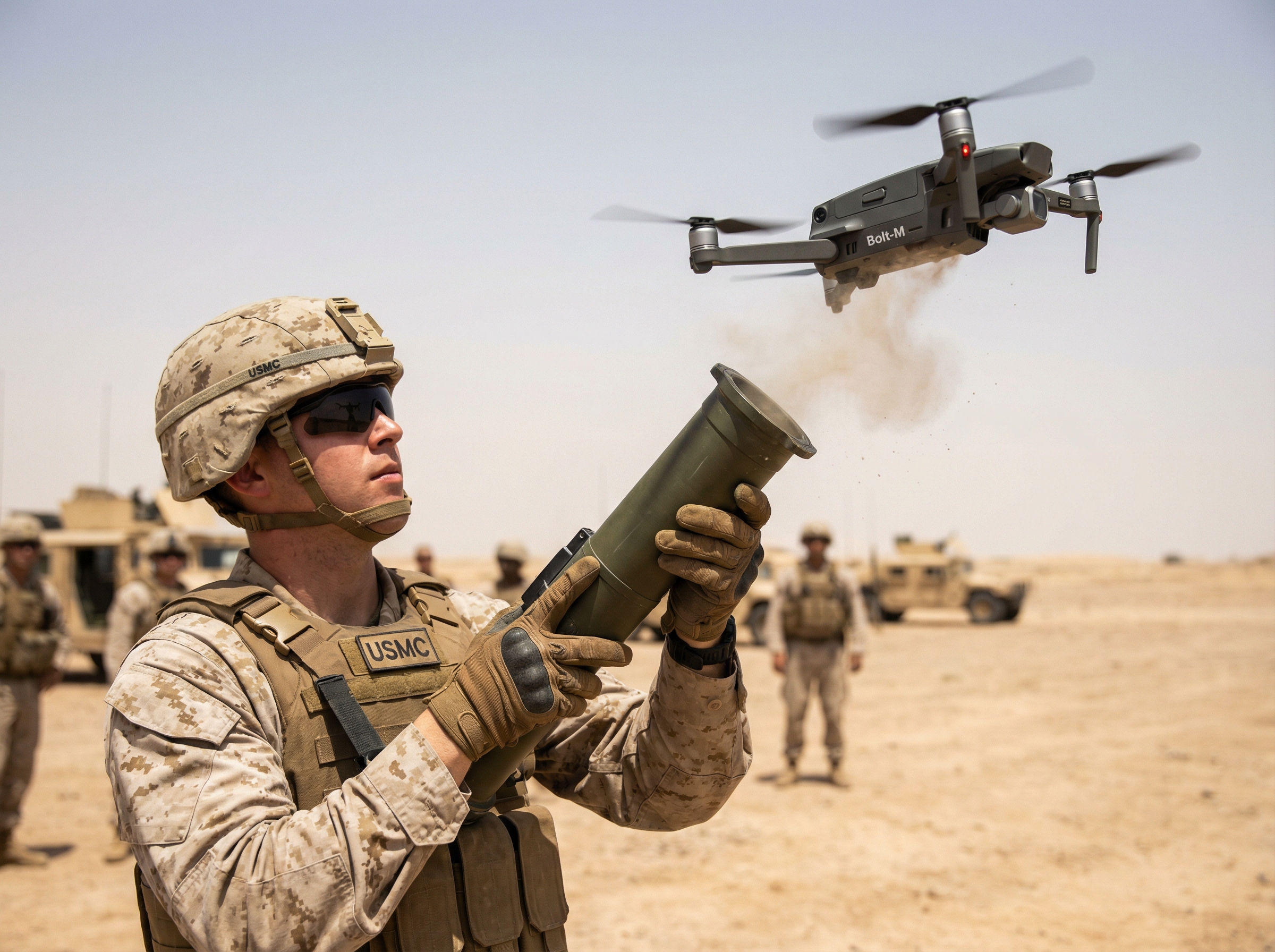 Marine infantryman launching a compact loitering munition from a handheld launcher