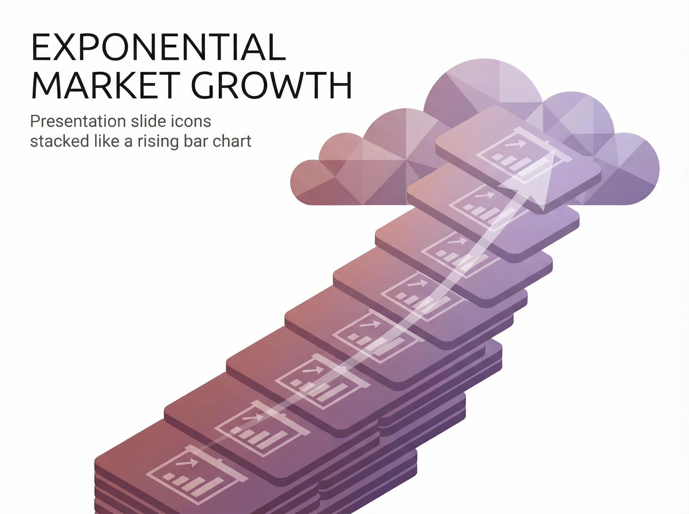 Abstract visualization of exponential market growth with presentation slide icons stacked like a rising bar chart reaching into clouds