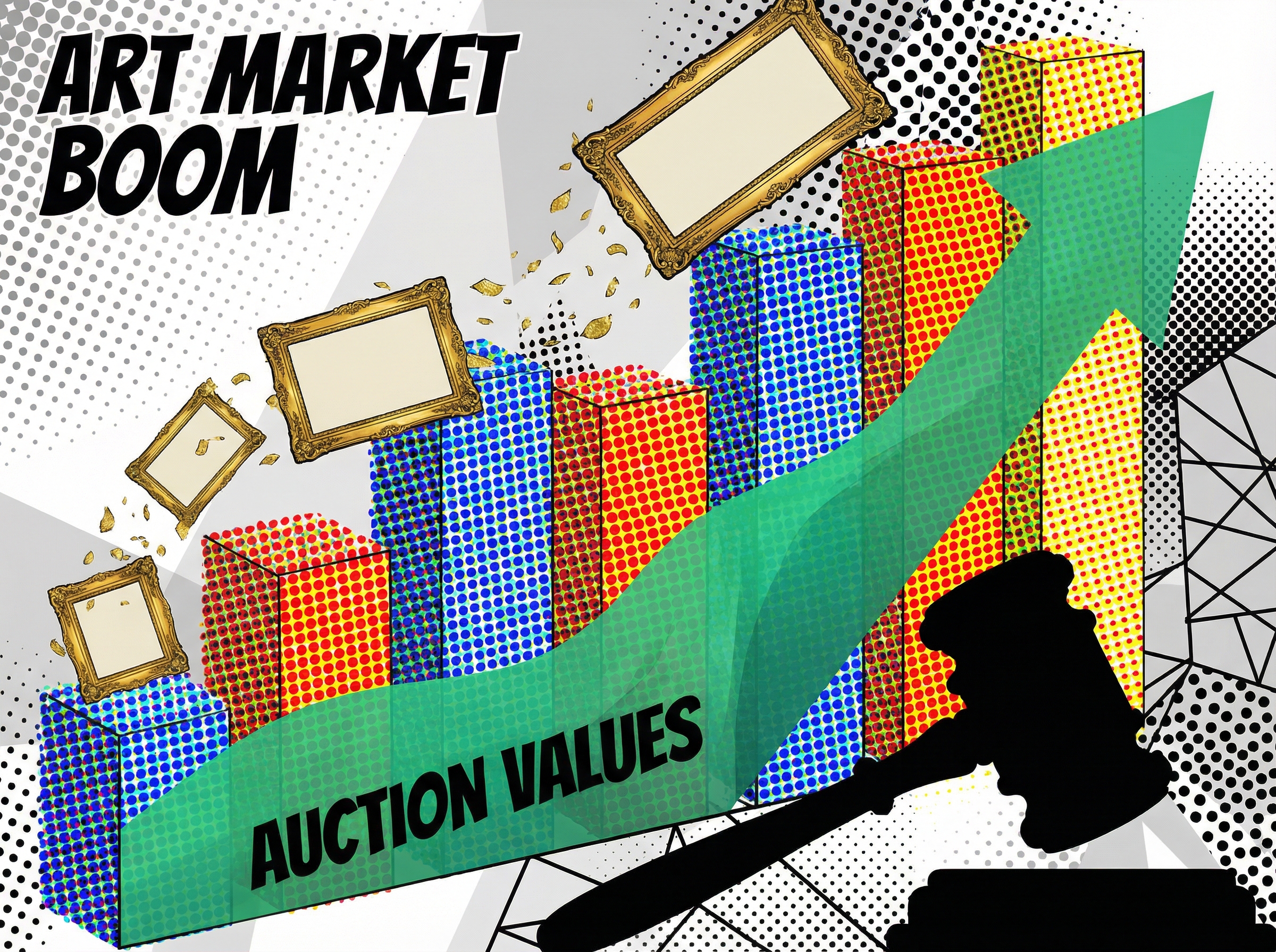 Abstract financial visualization with rising bar charts made of Ben-Day dots, gold frames floating upward, pop art auction metaphor