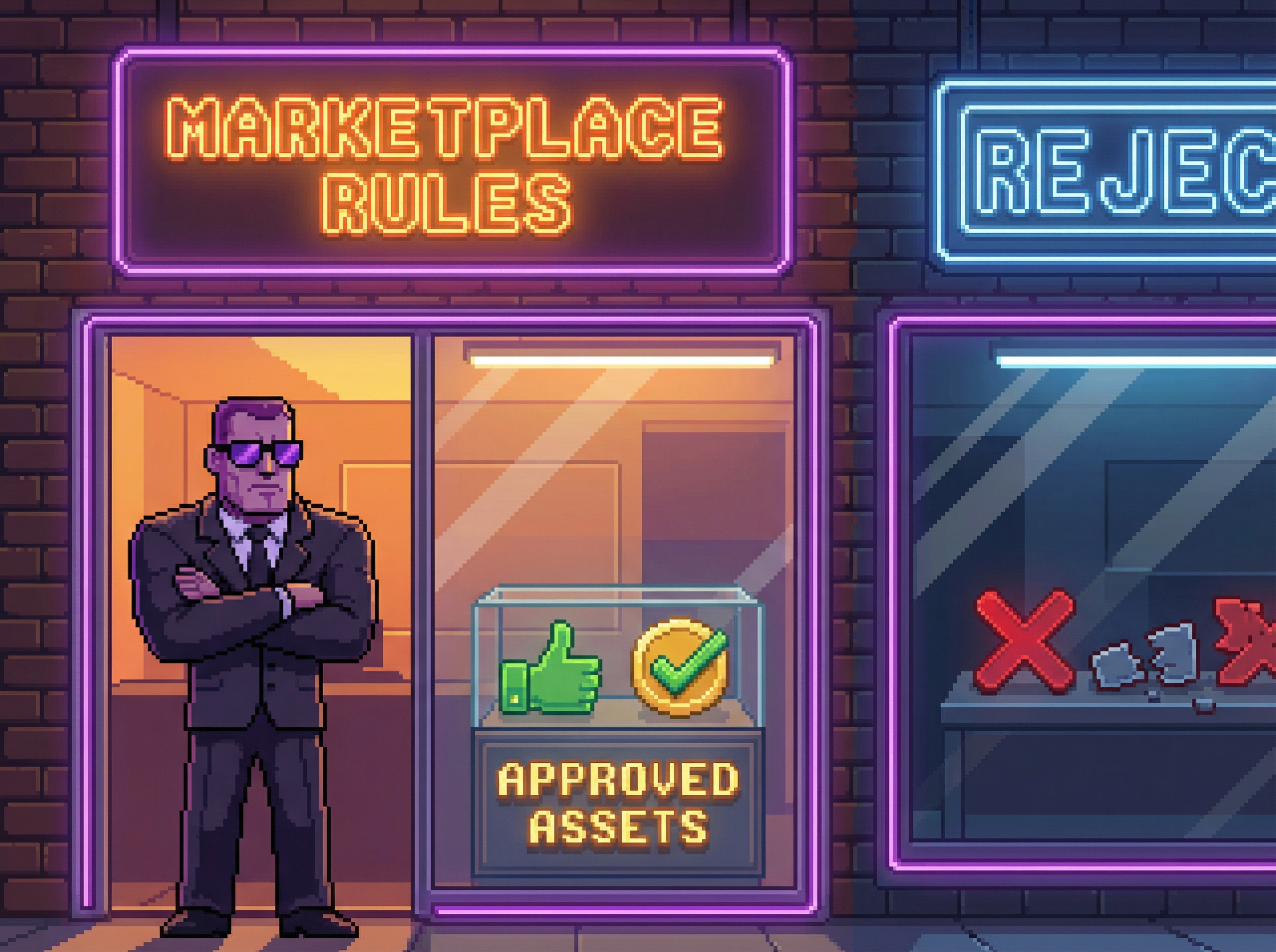 Digital storefront with pixel art bouncer checking art credentials, representing asset marketplace AI bans