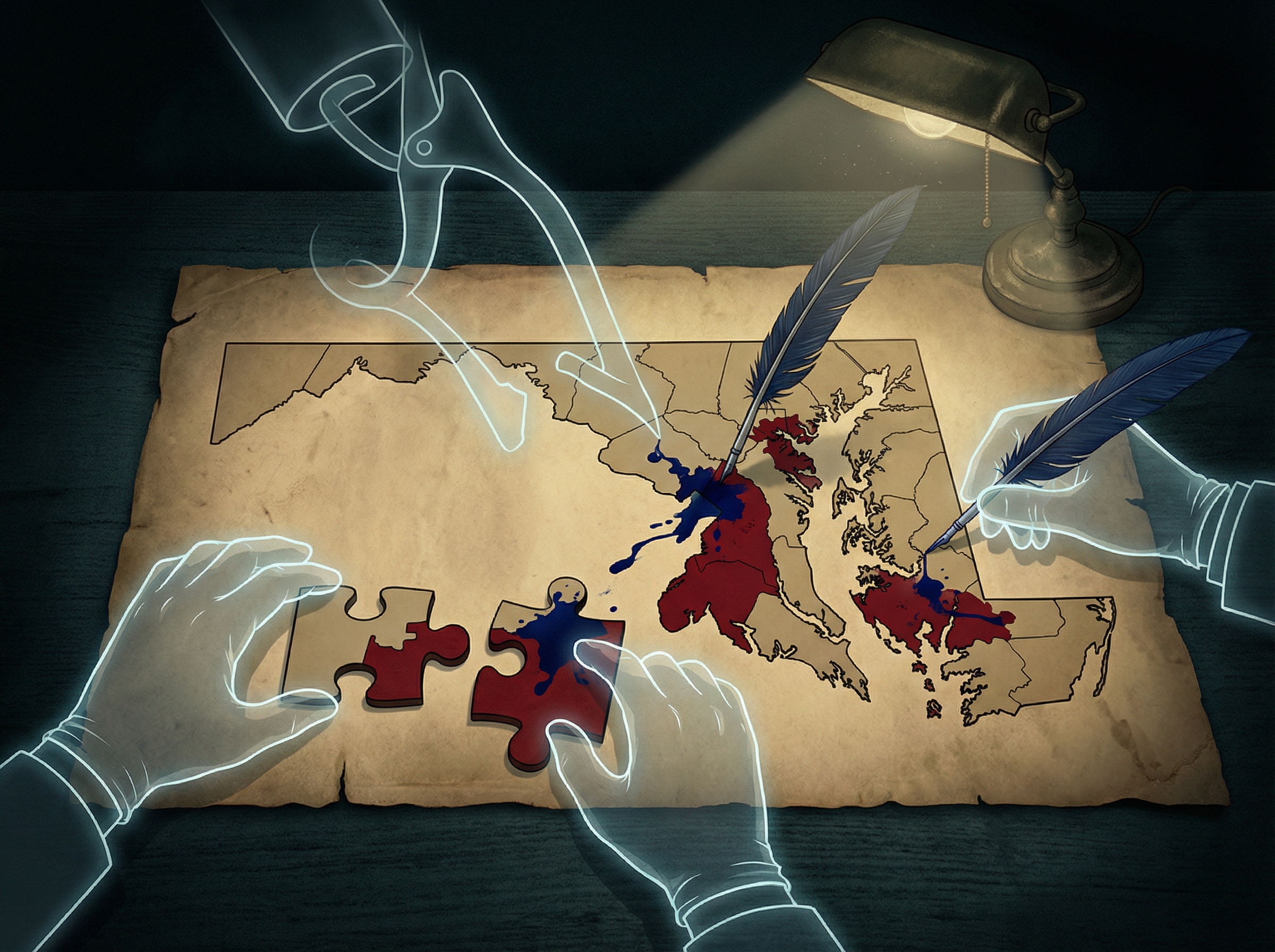 Maryland state outline being redrawn, gerrymandering concept art