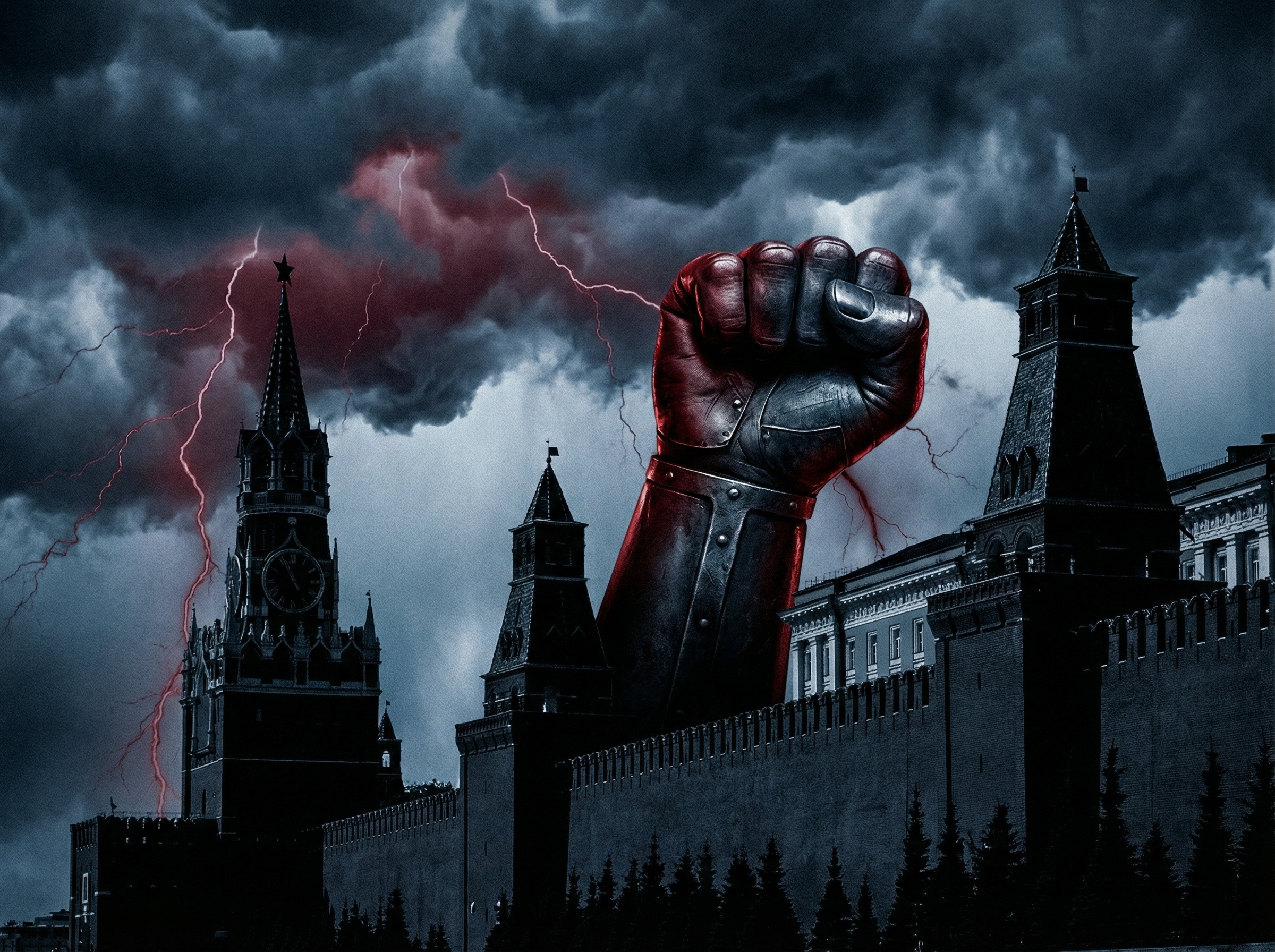 Kremlin silhouette against a dark stormy sky with iron fist symbolism