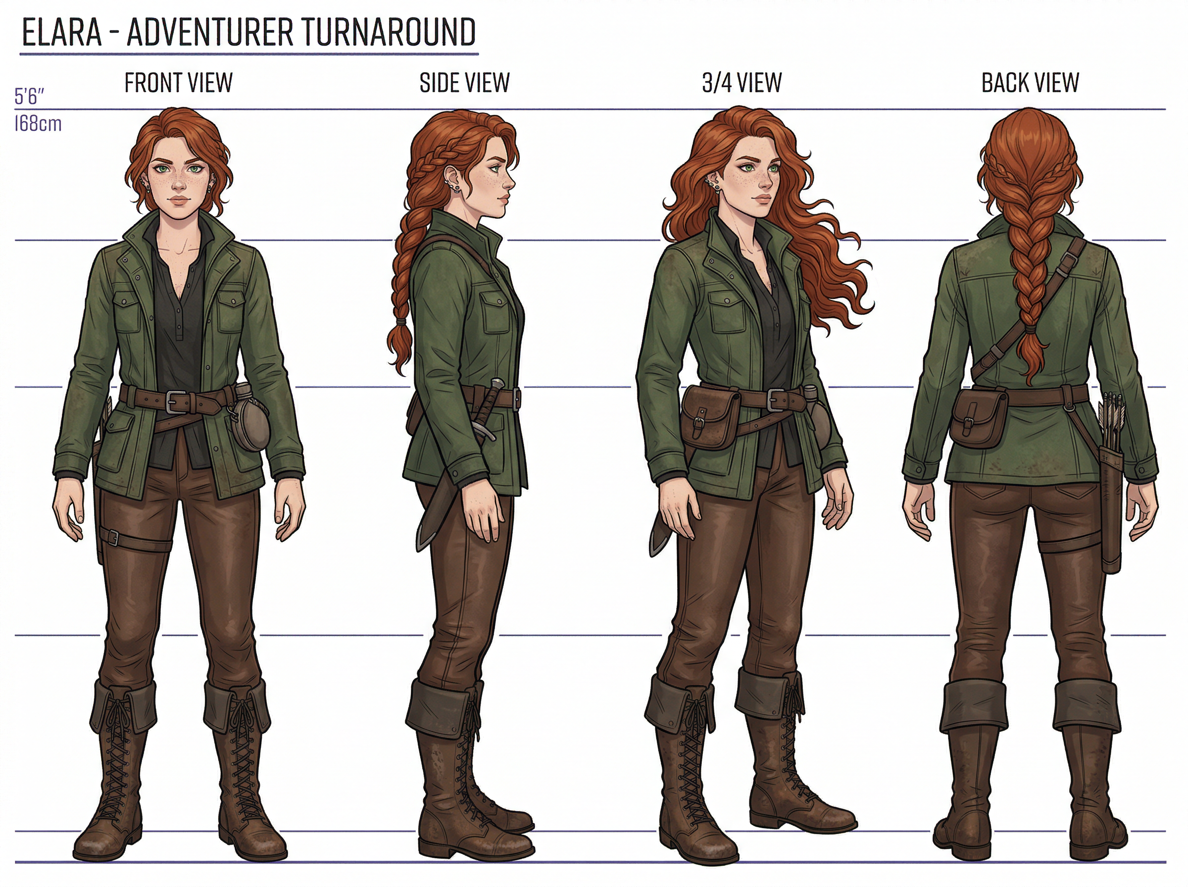 A character reference turnaround sheet showing the same adventurer from front, side, three-quarter, and back views with perfect proportional consistency
