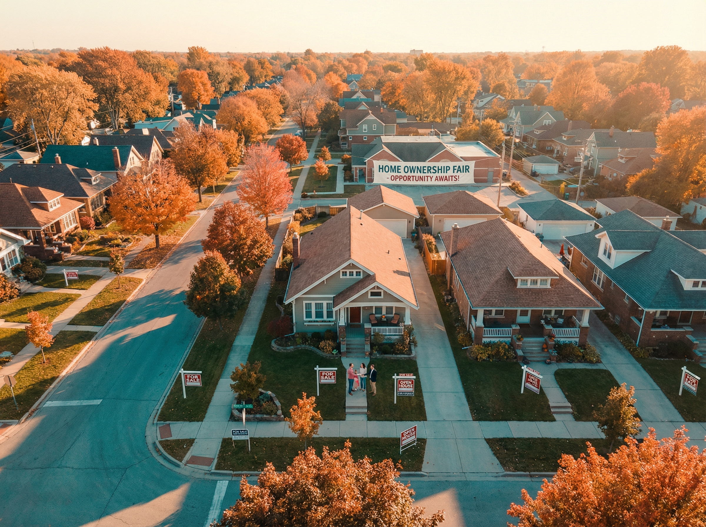 Aerial view of Midwest neighborhood with affordable homes and tree-lined streets
