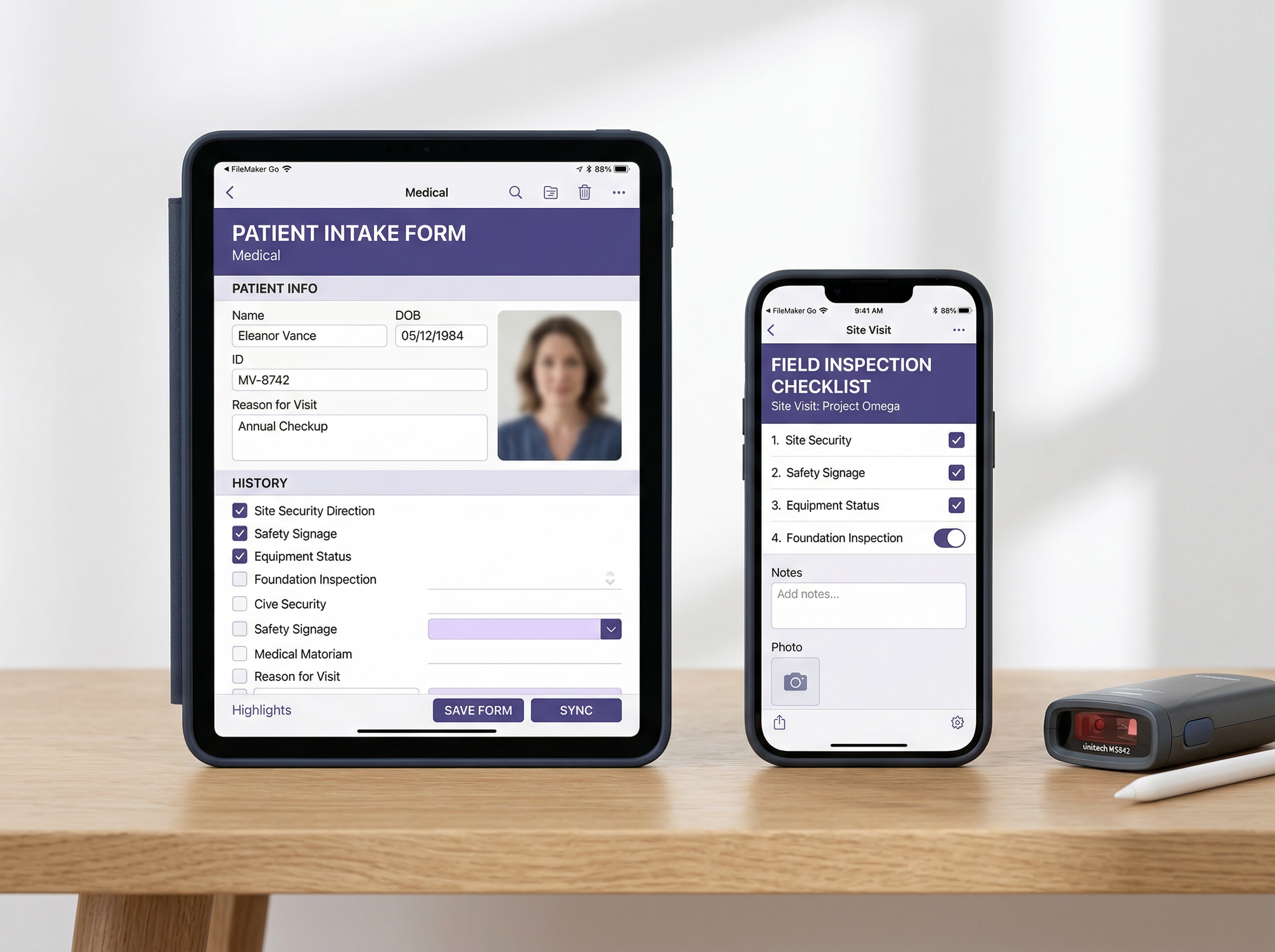 iPad and iPhone displaying colorful FileMaker Go database apps for mobile field work