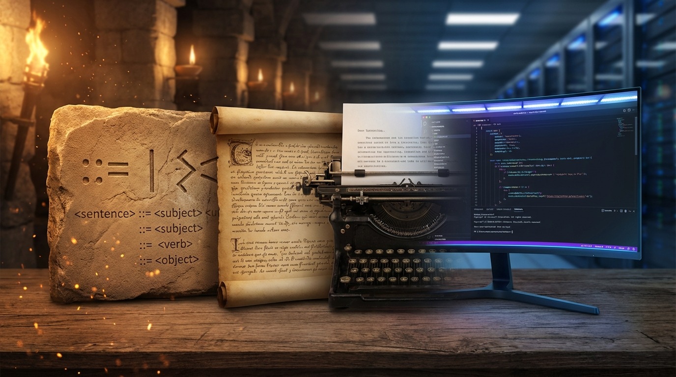 Evolution visualization from ancient stone tablet with carved grammar rules morphing into a sleek modern IDE with syntax highlighting