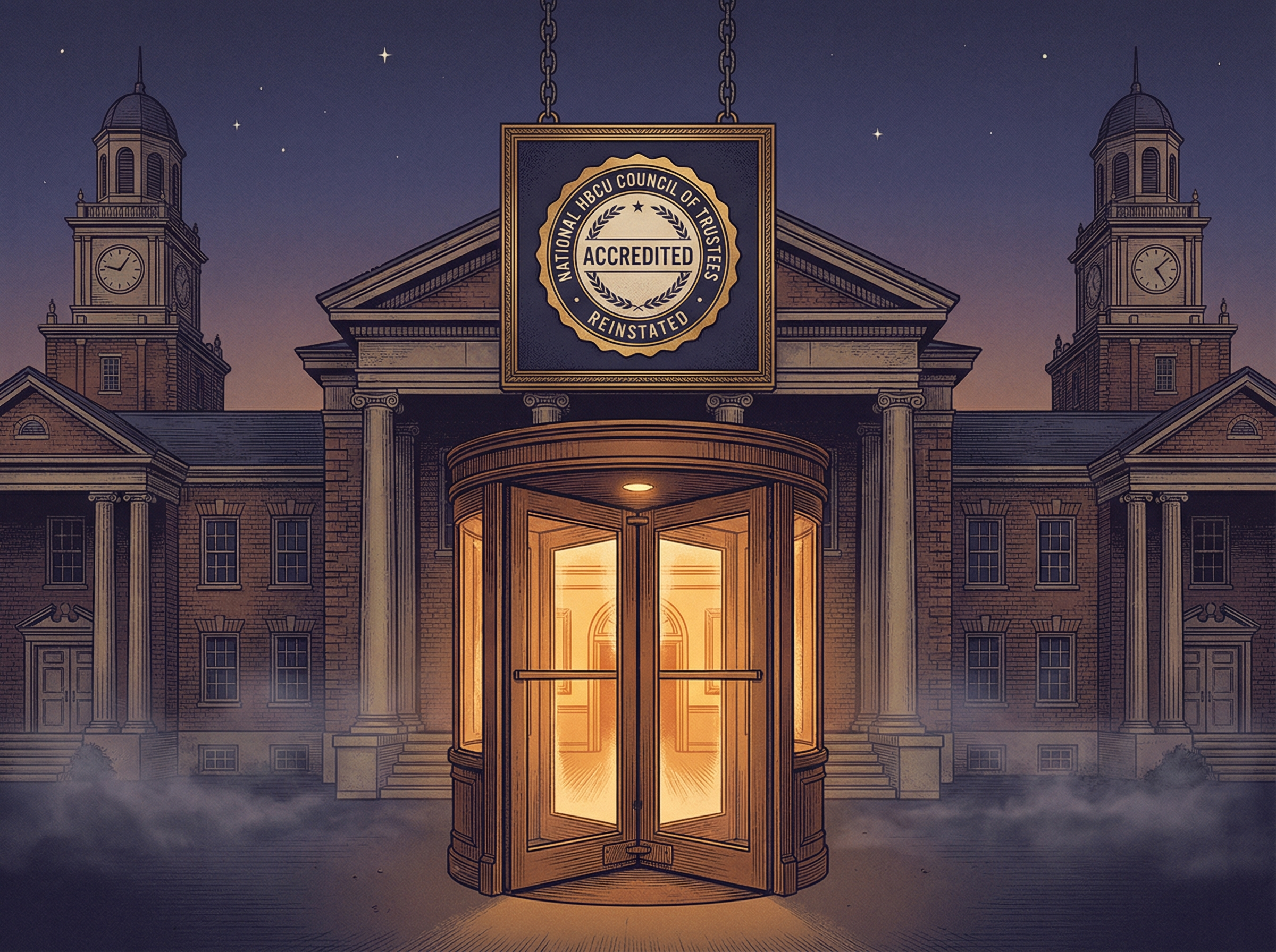 Editorial illustration of a historic HBCU building with a revolving door at its entrance, warm amber light glowing from within