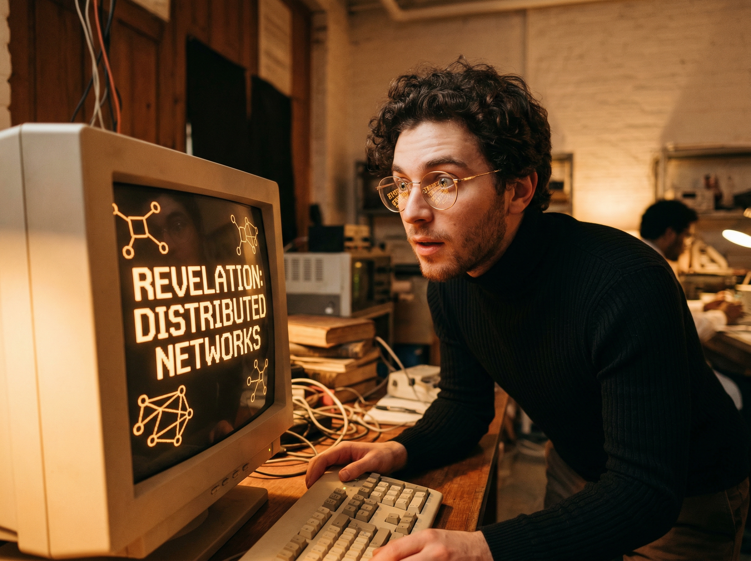 A visionary figure standing before a glowing computer screen, light reflecting in his glasses