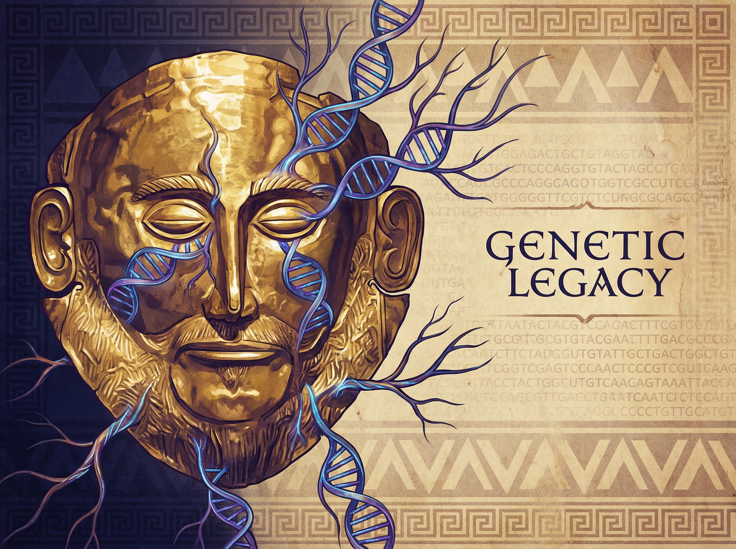 DNA helix intertwined with Mycenaean gold death mask