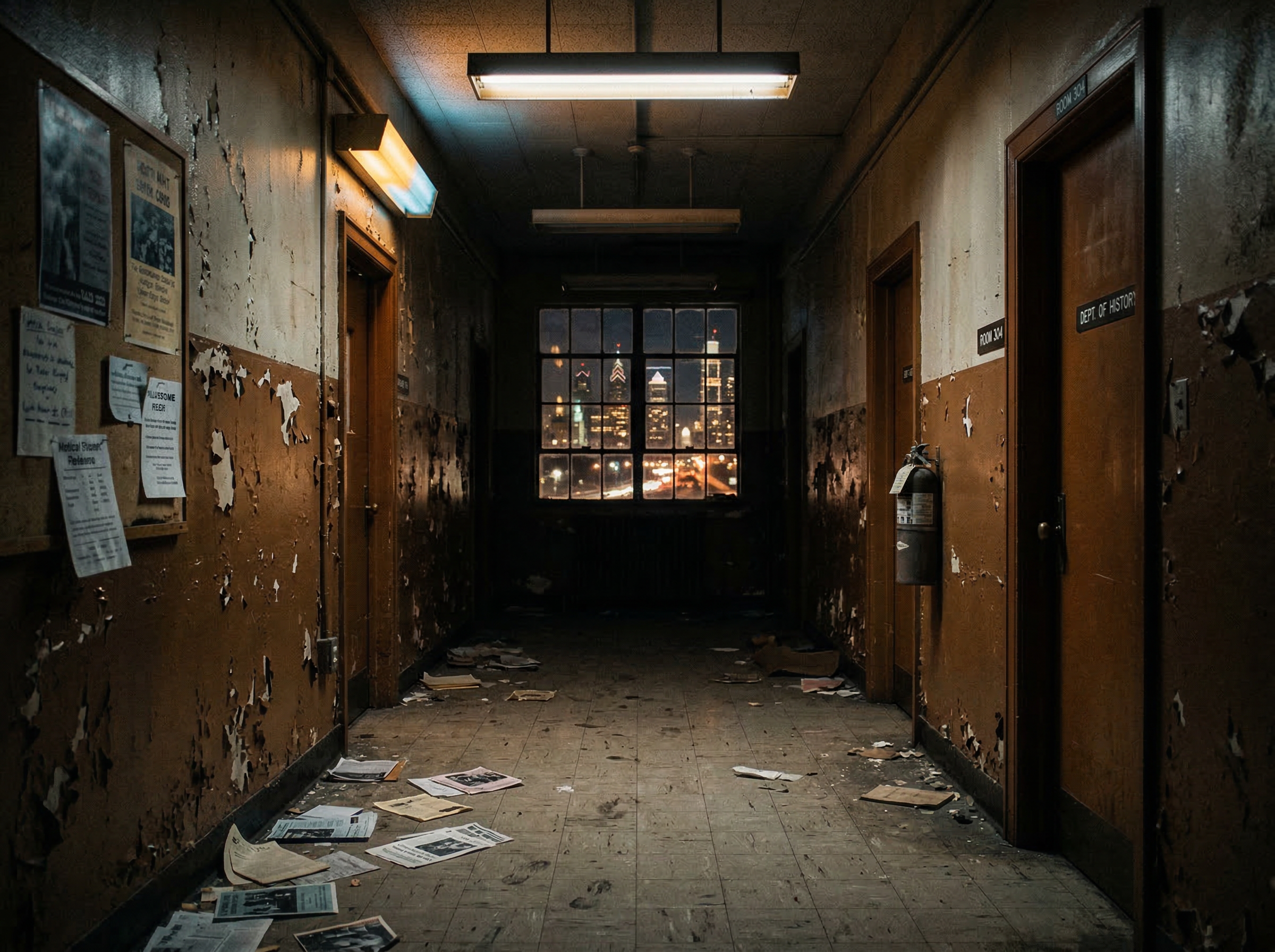 An empty 1980s university hallway with flickering lights and peeling paint, the Philadelphia skyline visible through a window
