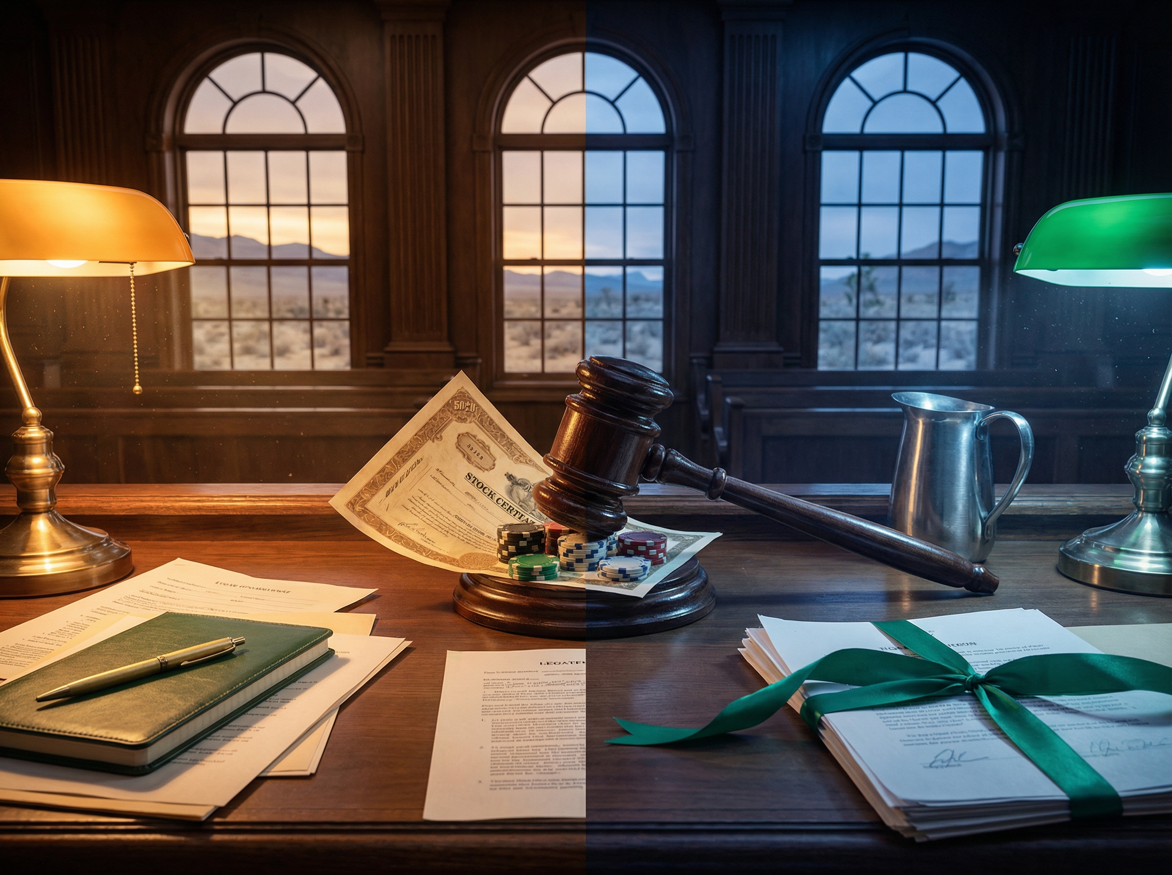 Dramatic courtroom gavel slamming down on a poker chip and stock certificate