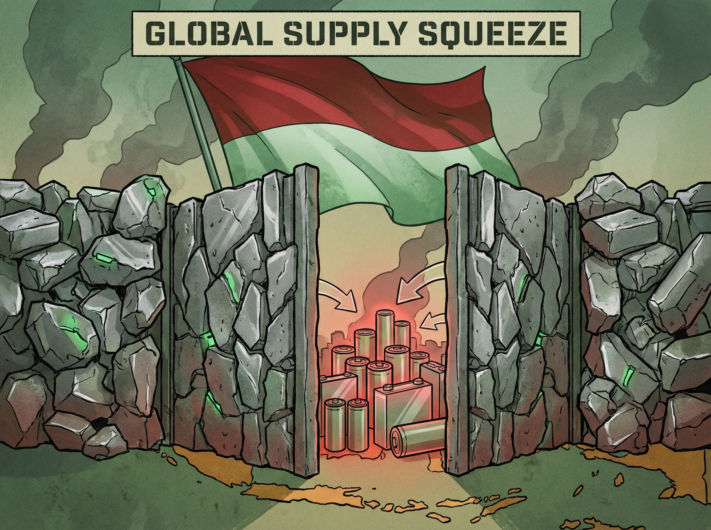 Indonesian flag behind gate of nickel ore with batteries behind