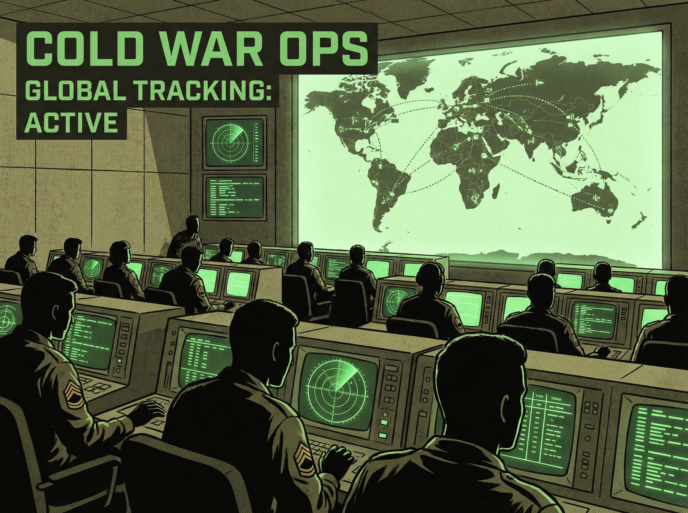1980s military command center with rows of green CRT monitors and radar displays