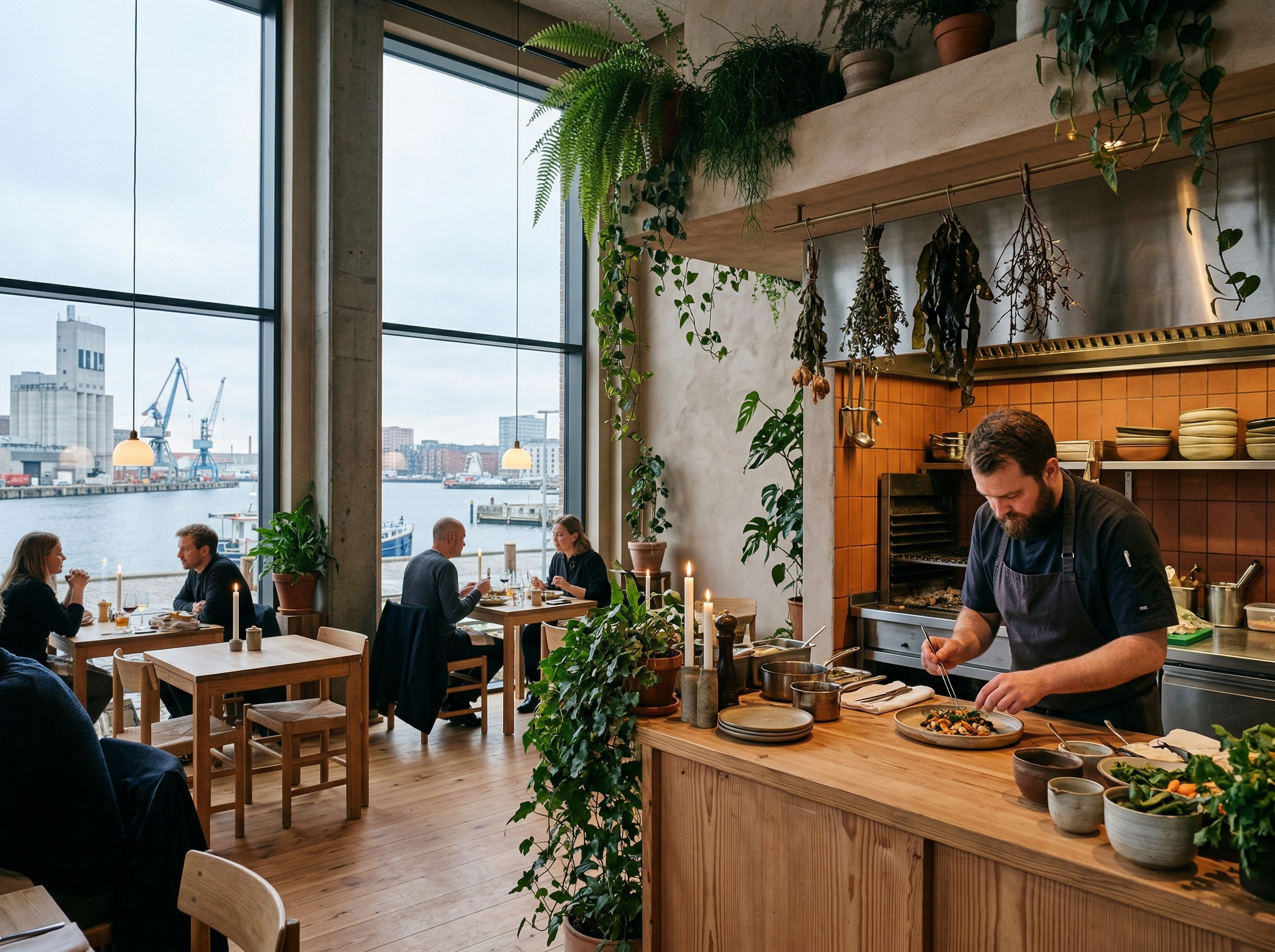 Modern sustainable restaurant interior in Nordhavn with open kitchen and harbor views through floor-to-ceiling windows