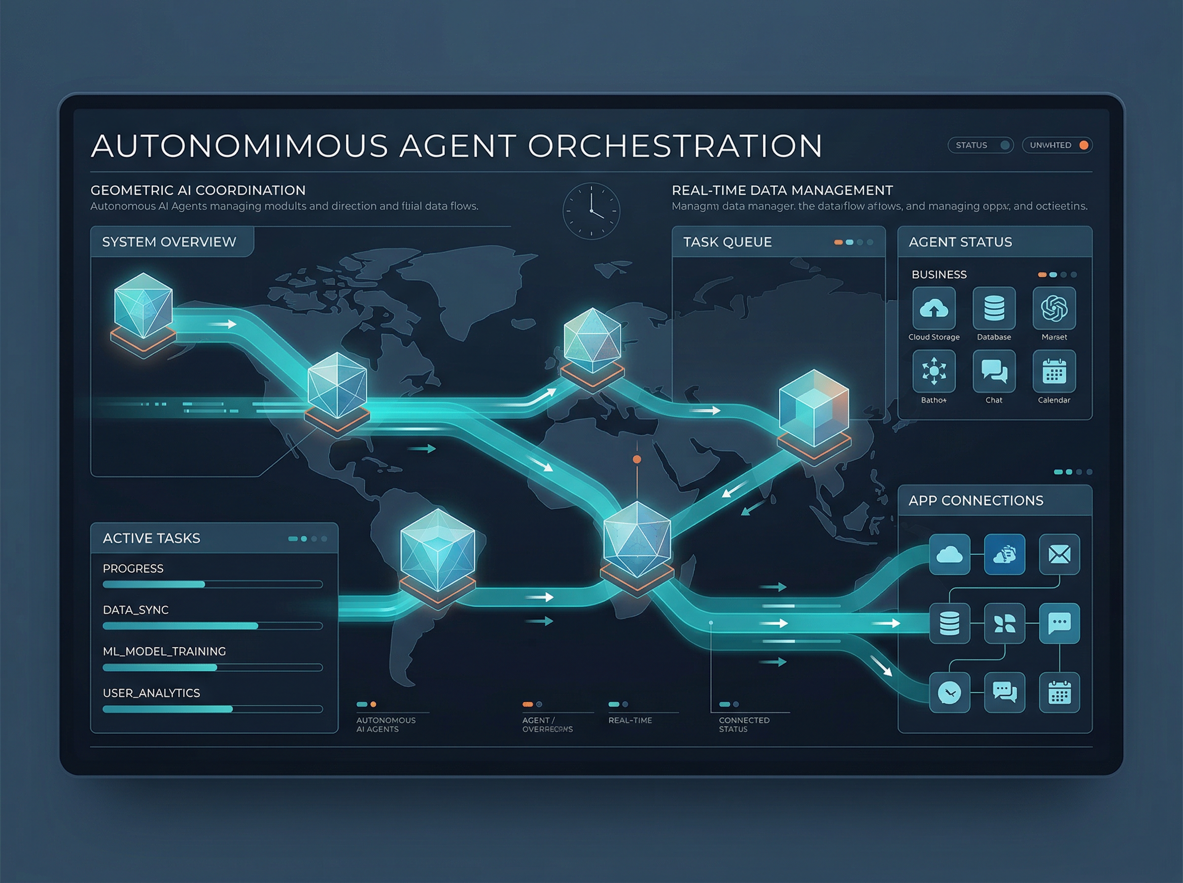 Central command center dashboard with autonomous AI agents managing task flows between connected apps