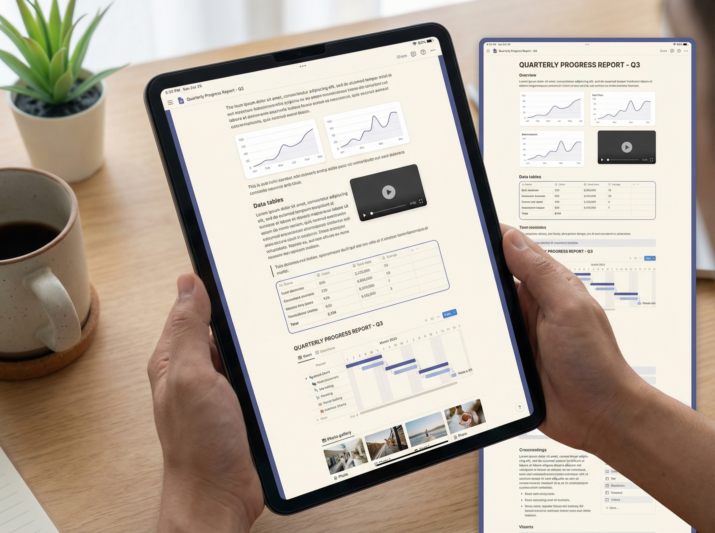 Flowing infinite scroll document with embedded rich media replacing static slides