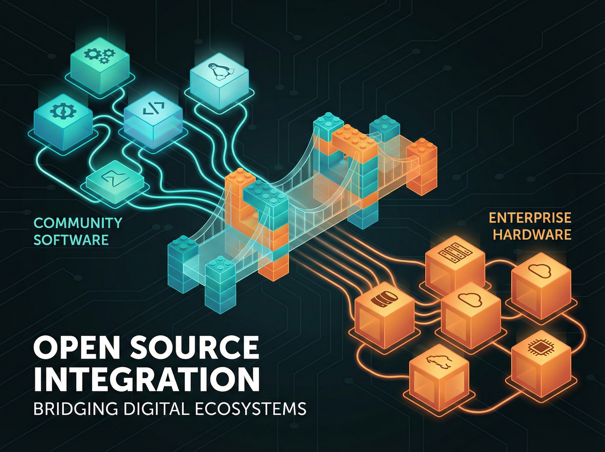 Abstract visualization of open source tools connecting to enterprise hardware