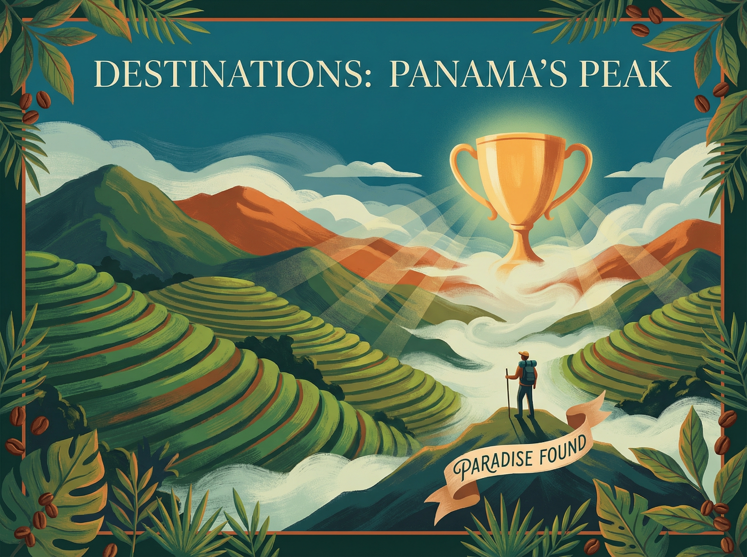 Lush Panama highlands with Boquete coffee terraces and golden trophy emerging from misty mountains