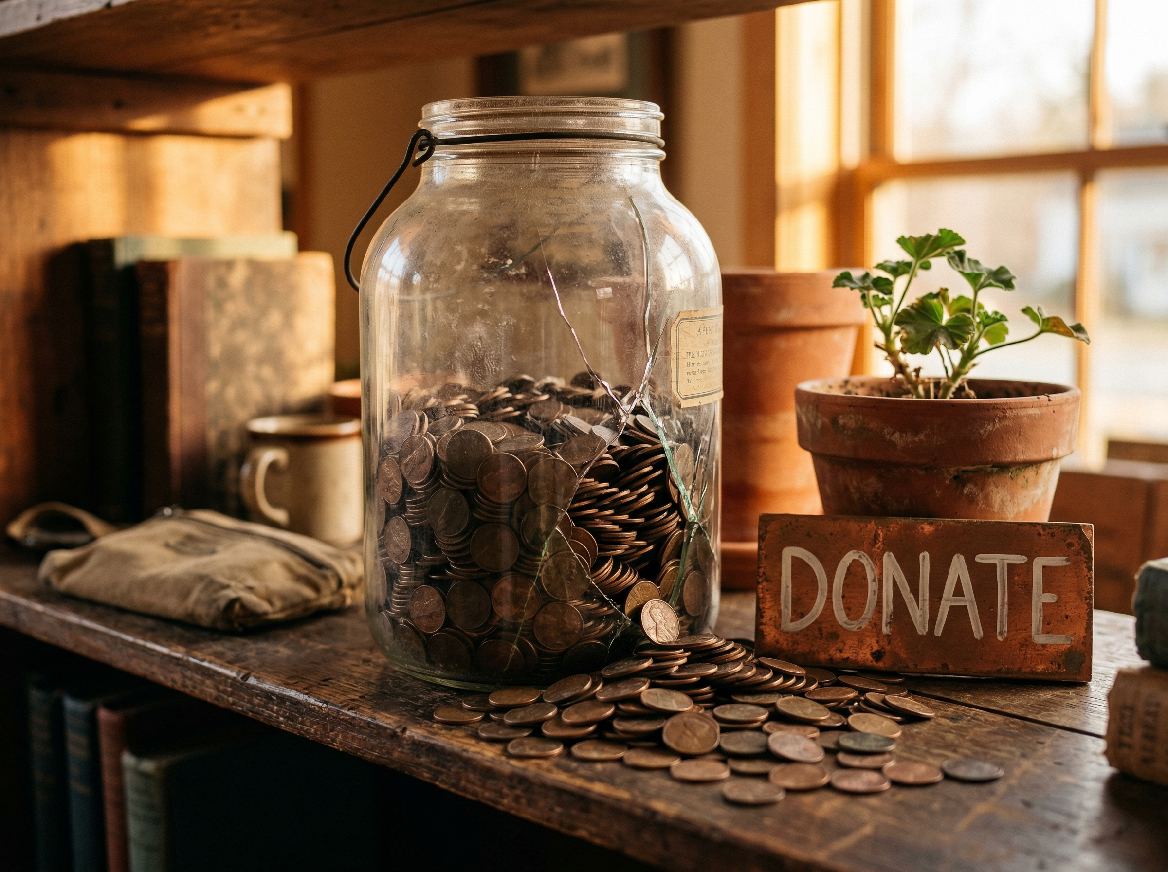A glass penny jar overflowing with copper coins next to a Donate sign, cracking under the weight — representing the cultural loss of penny-driven charity