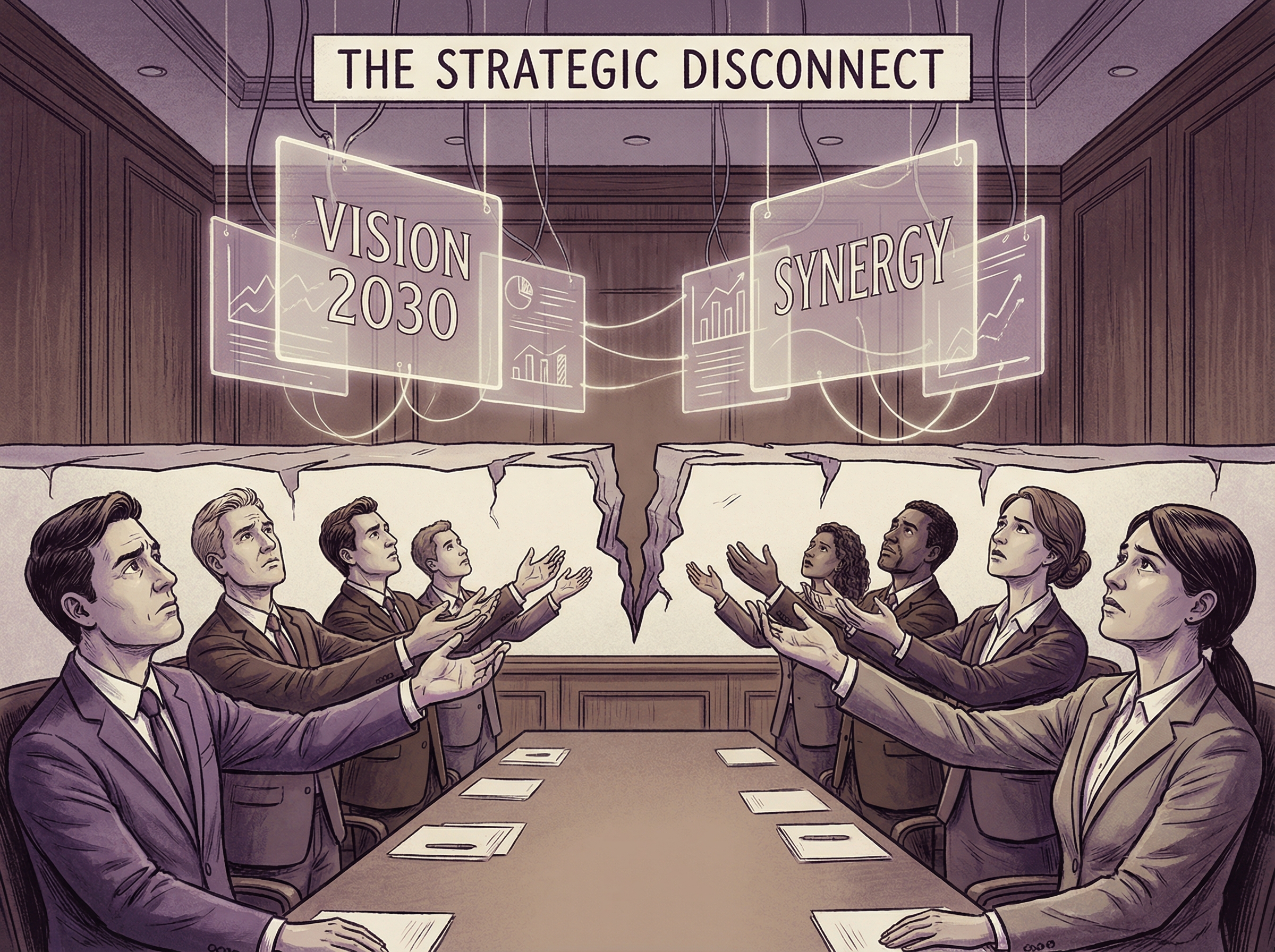 Corporate executives reaching for beautiful slides floating just out of reach, representing the disconnect between tool adoption and value