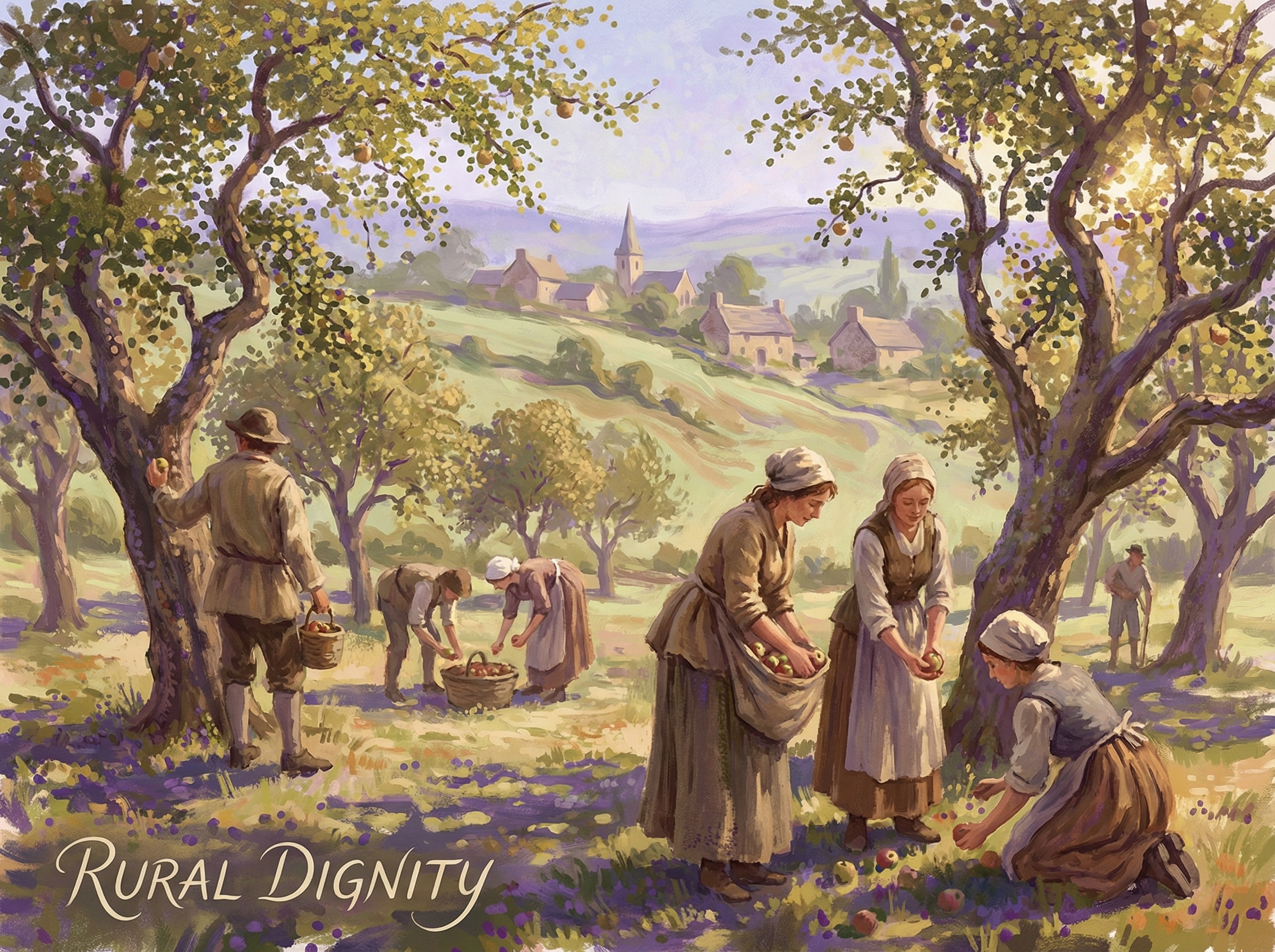 Peasants working in a sunlit orchard with pointillist-inspired technique