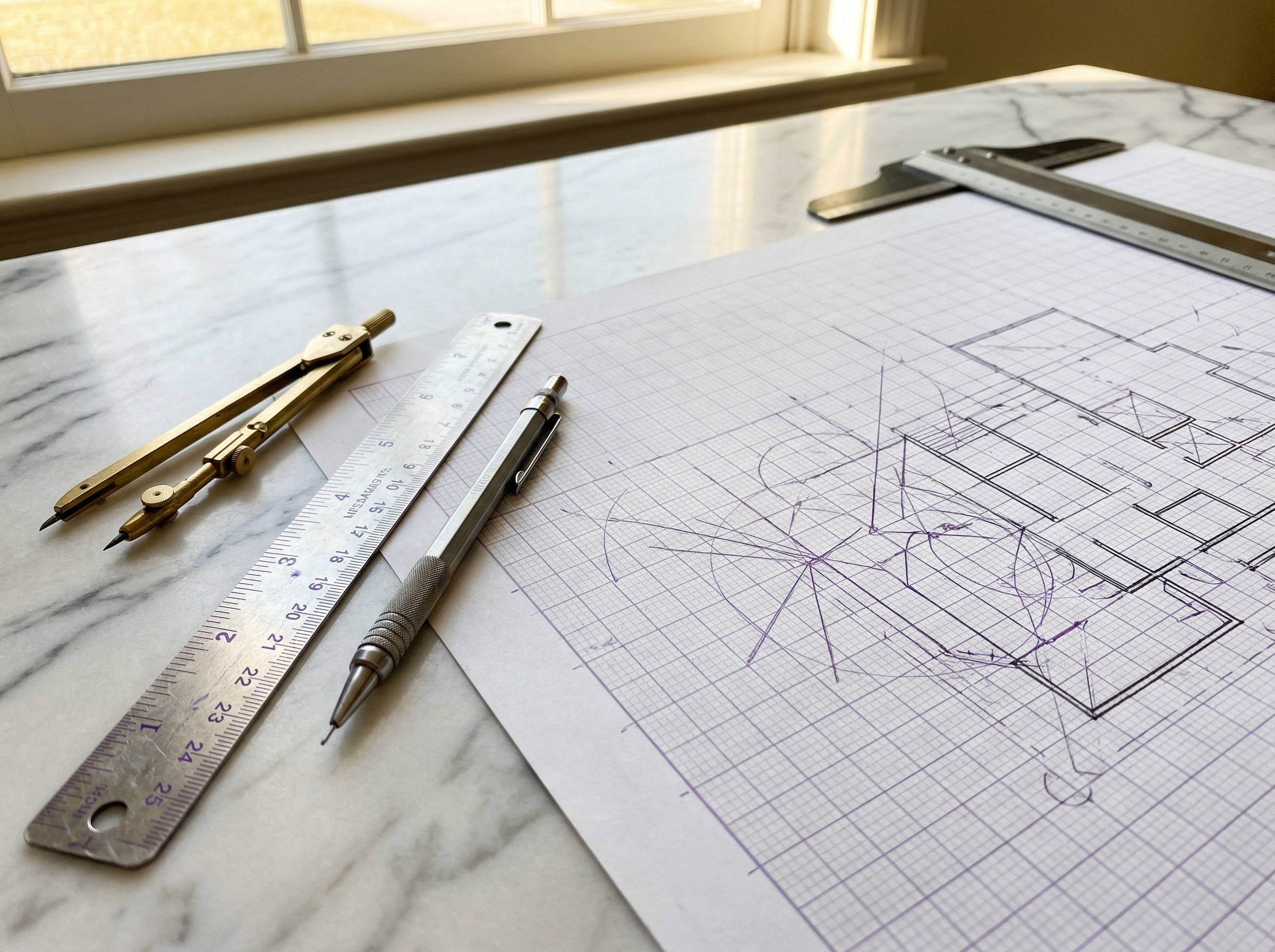 Precision drafting tools on a clean white desk with geometric shapes and alignment guides