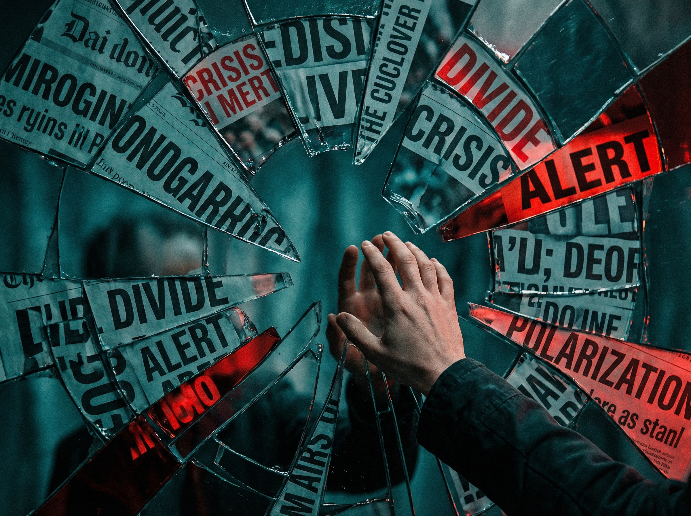 Fractured glass reflecting chaotic imagery, representing political polarization