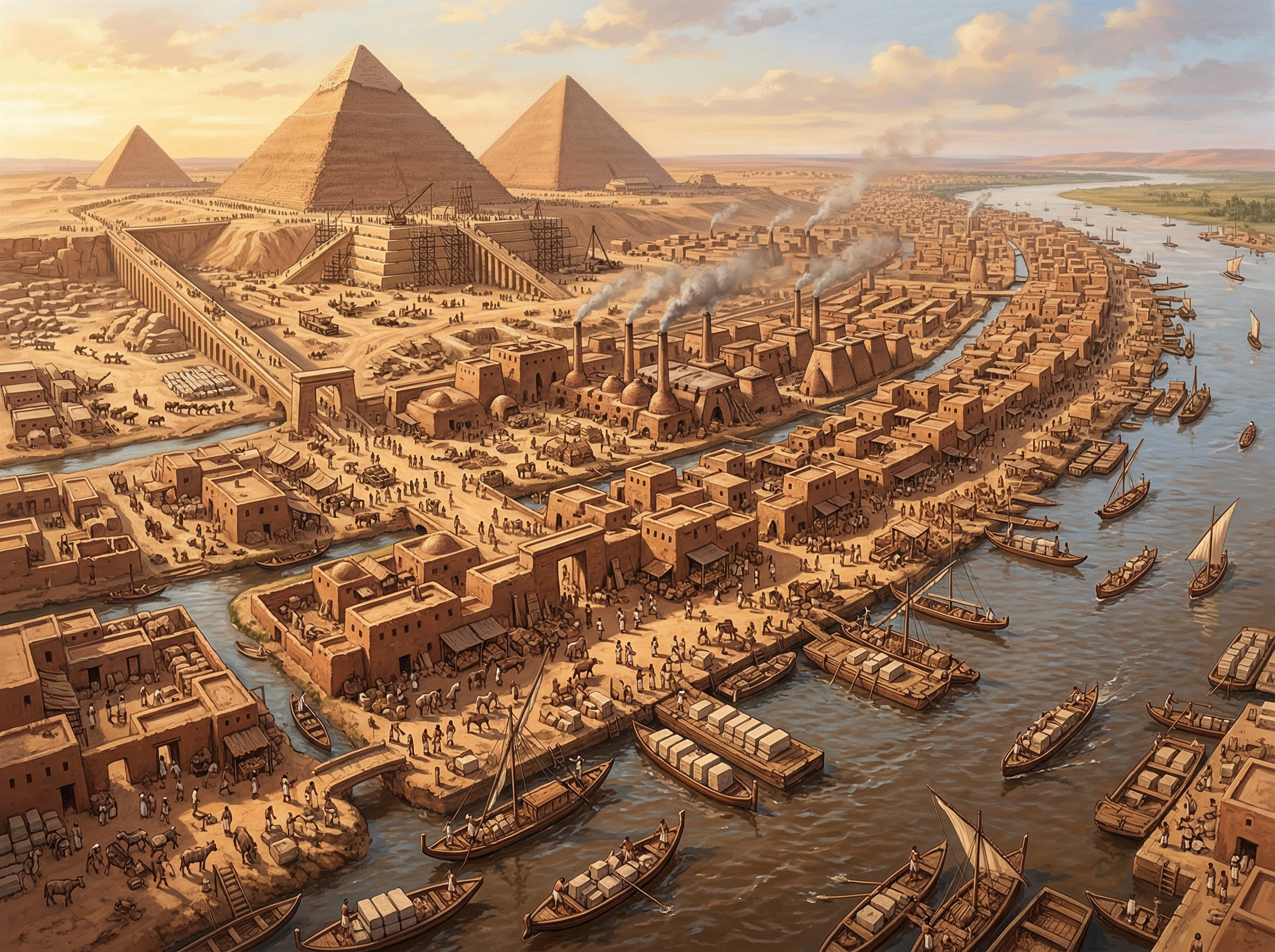 Aerial illustration of the ancient Heit el-Ghurab port city at the base of the pyramids