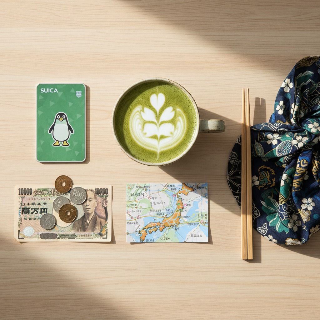 Flat-lay of Japanese travel essentials including transit card, yen, and a matcha latte