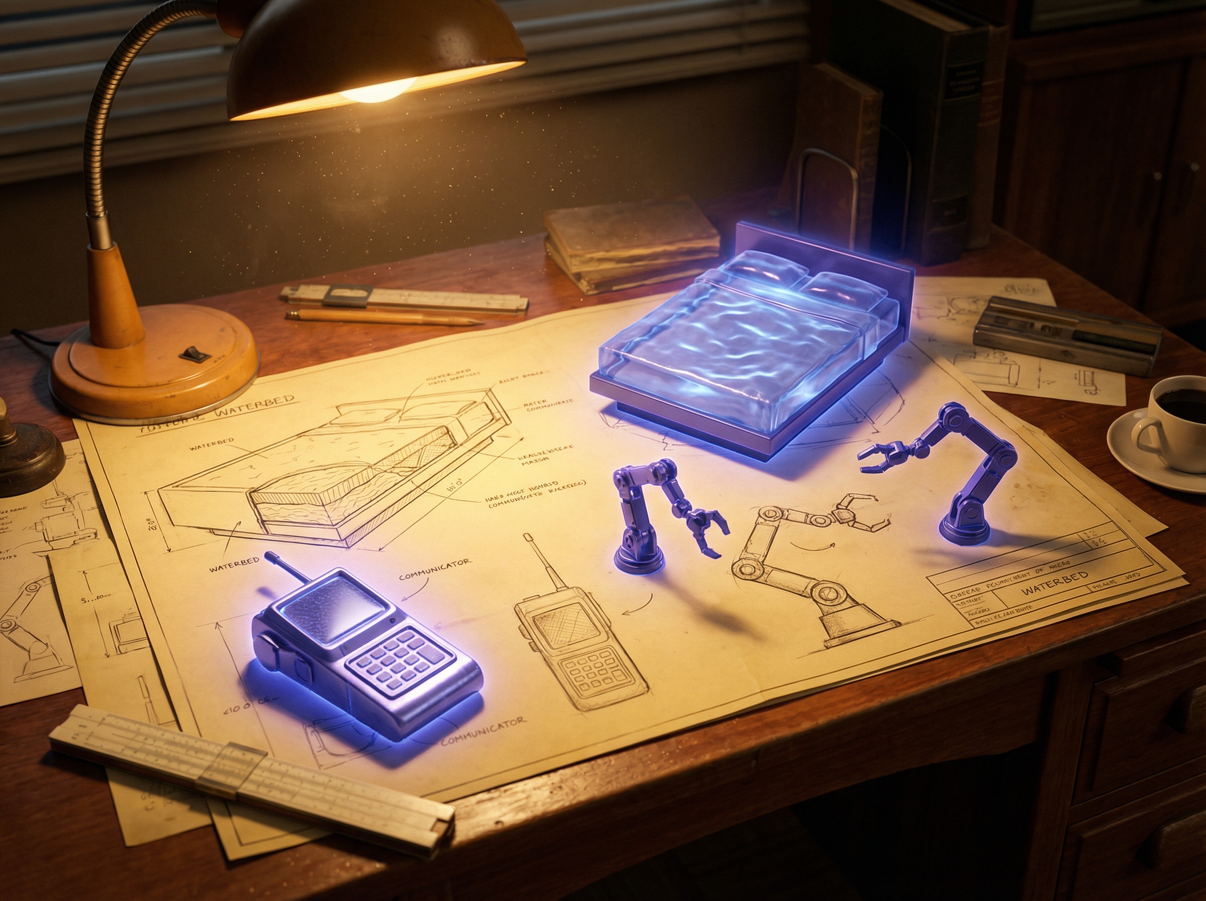 A vintage desk with pencil blueprints of futuristic inventions materializing into real 3D objects