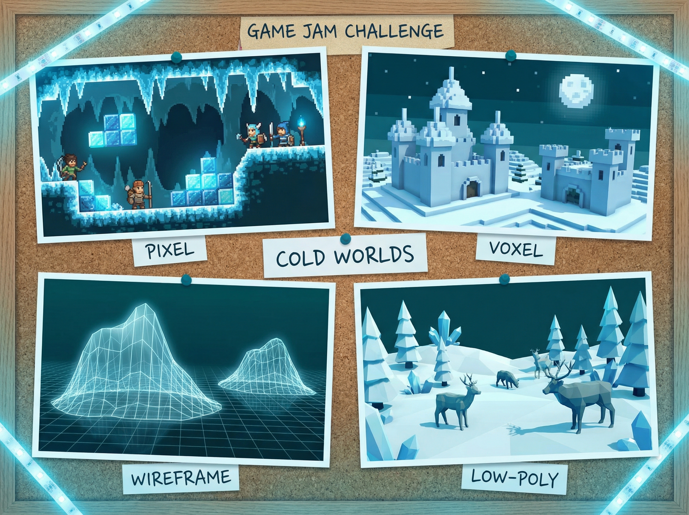 Collage of procedurally generated frozen landscapes in diverse art styles