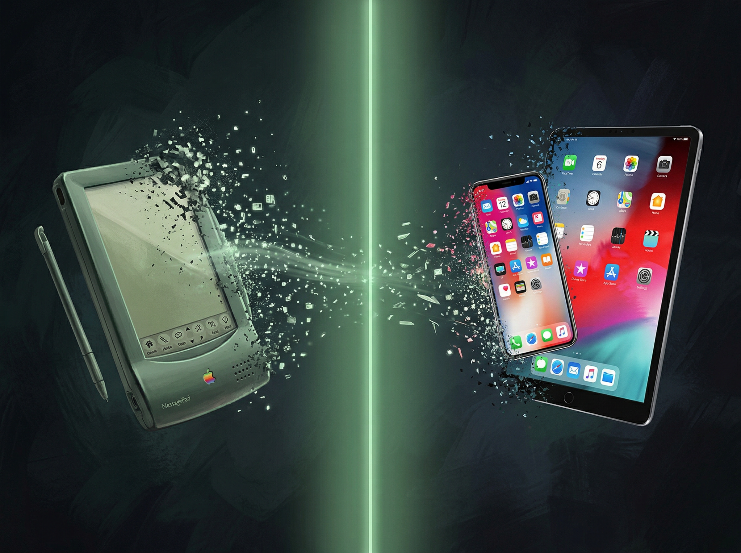 Museum-style display of the complete Apple Newton product lineup from MessagePad 100 to eMate 300