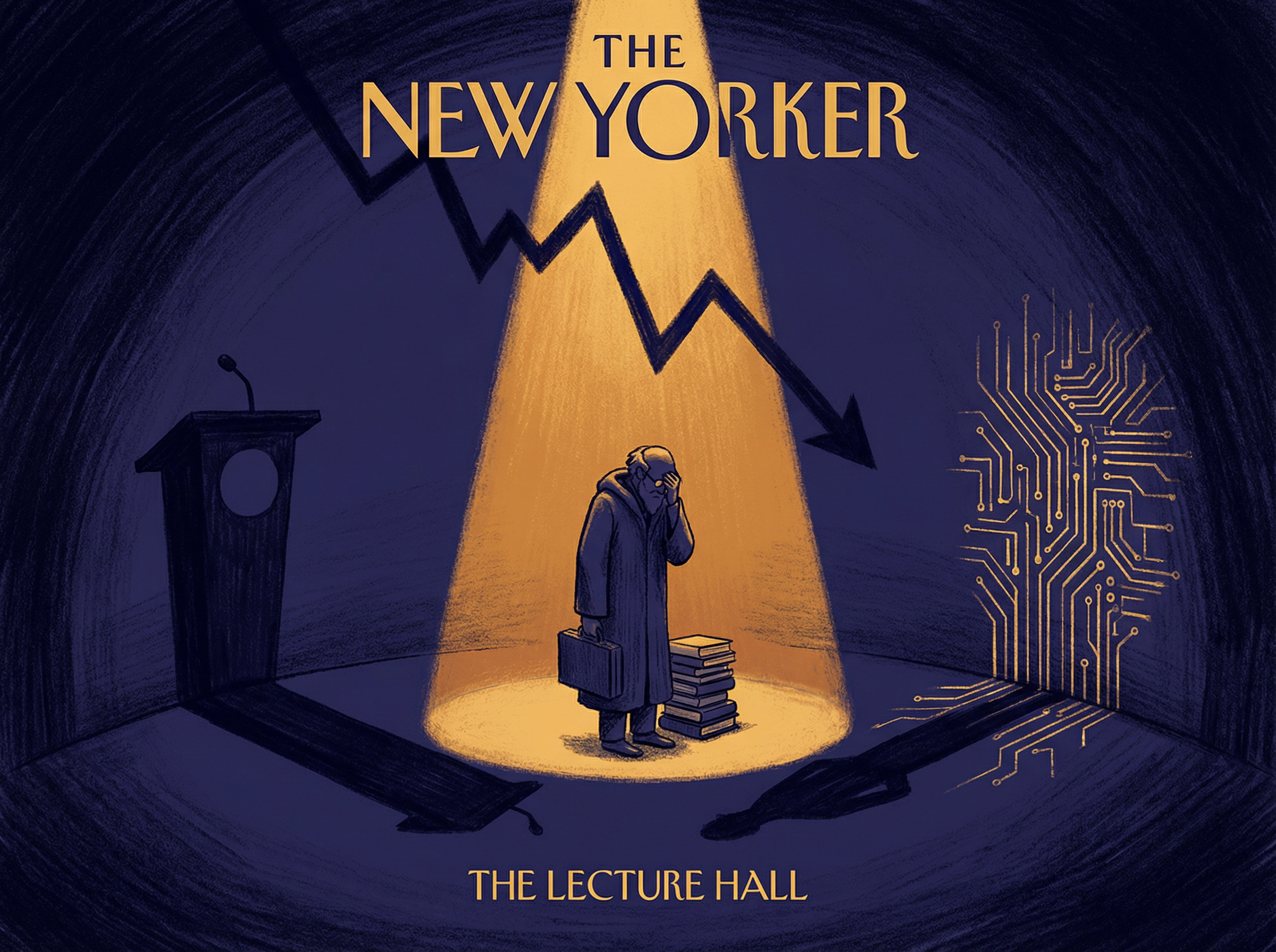 Professor standing alone in vast empty lecture hall, shadows of threats converging from all sides