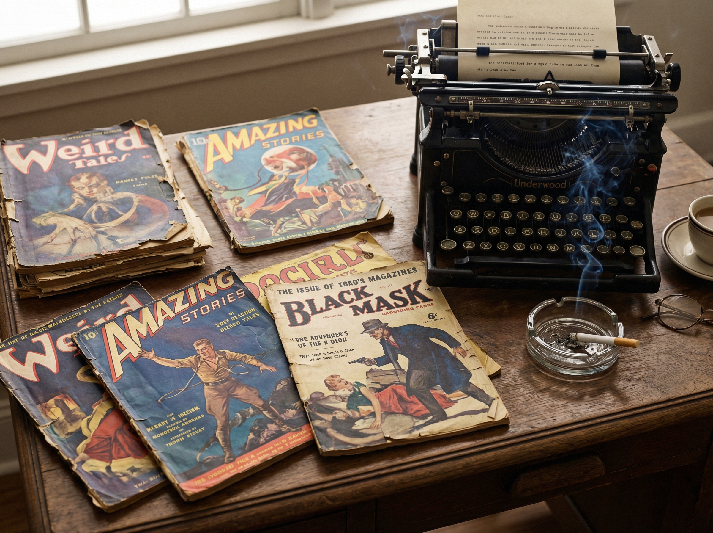Vintage 1920s pulp magazines scattered on a wooden desk
