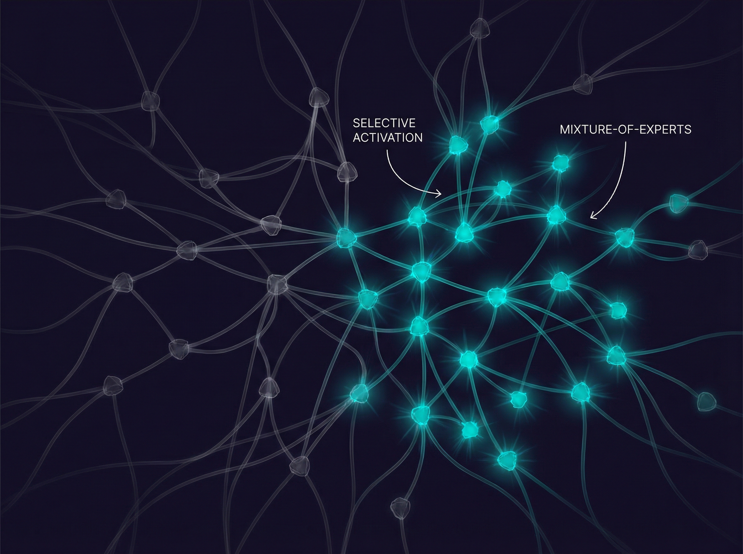 Sparse neural network with 17 brilliantly lit nodes out of hundreds dimmed, showing selective activation