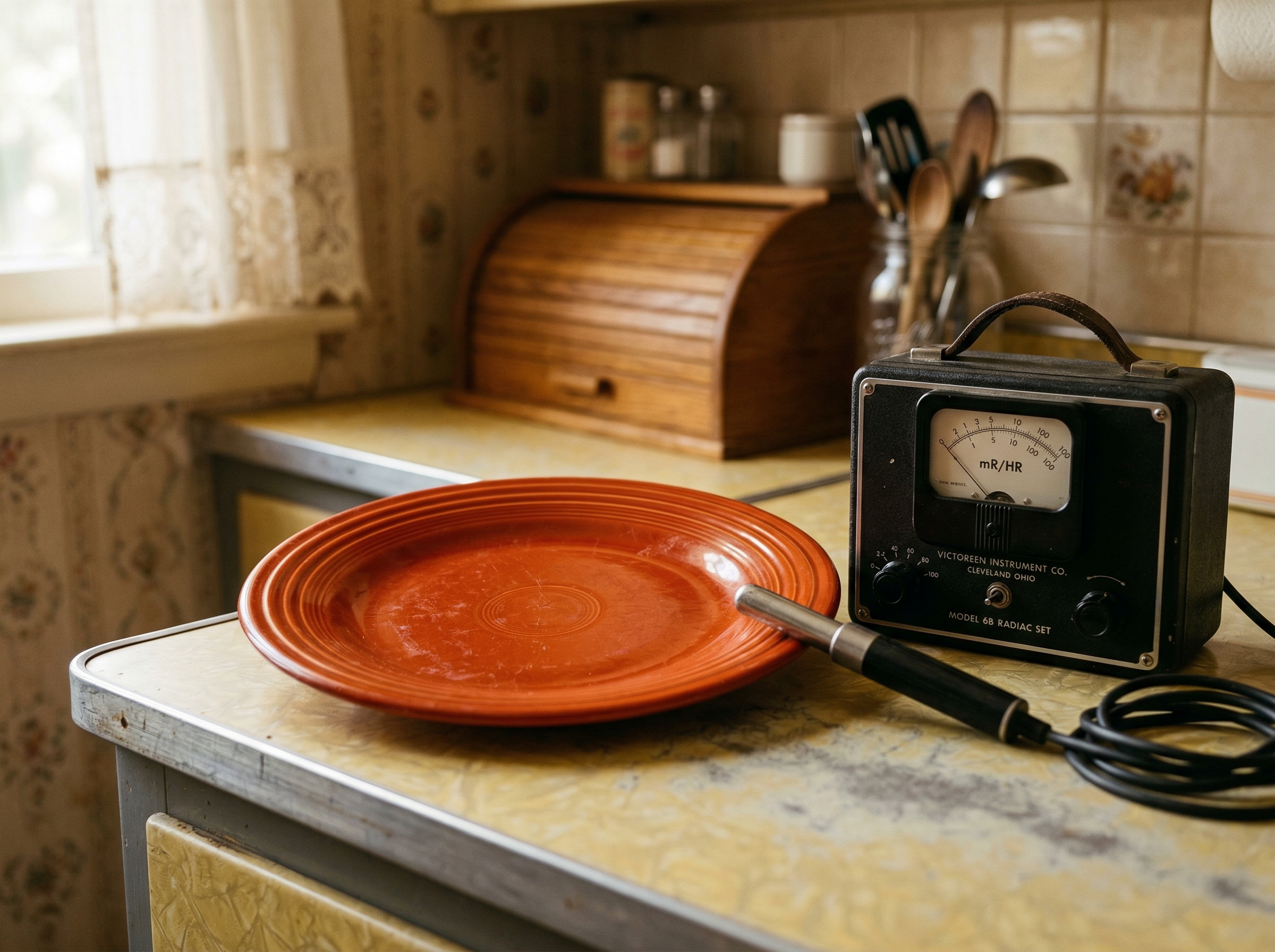 A vintage 1940s Fiesta plate in iconic orange-red 'Radioactive Red' glaze with a Geiger counter beside it