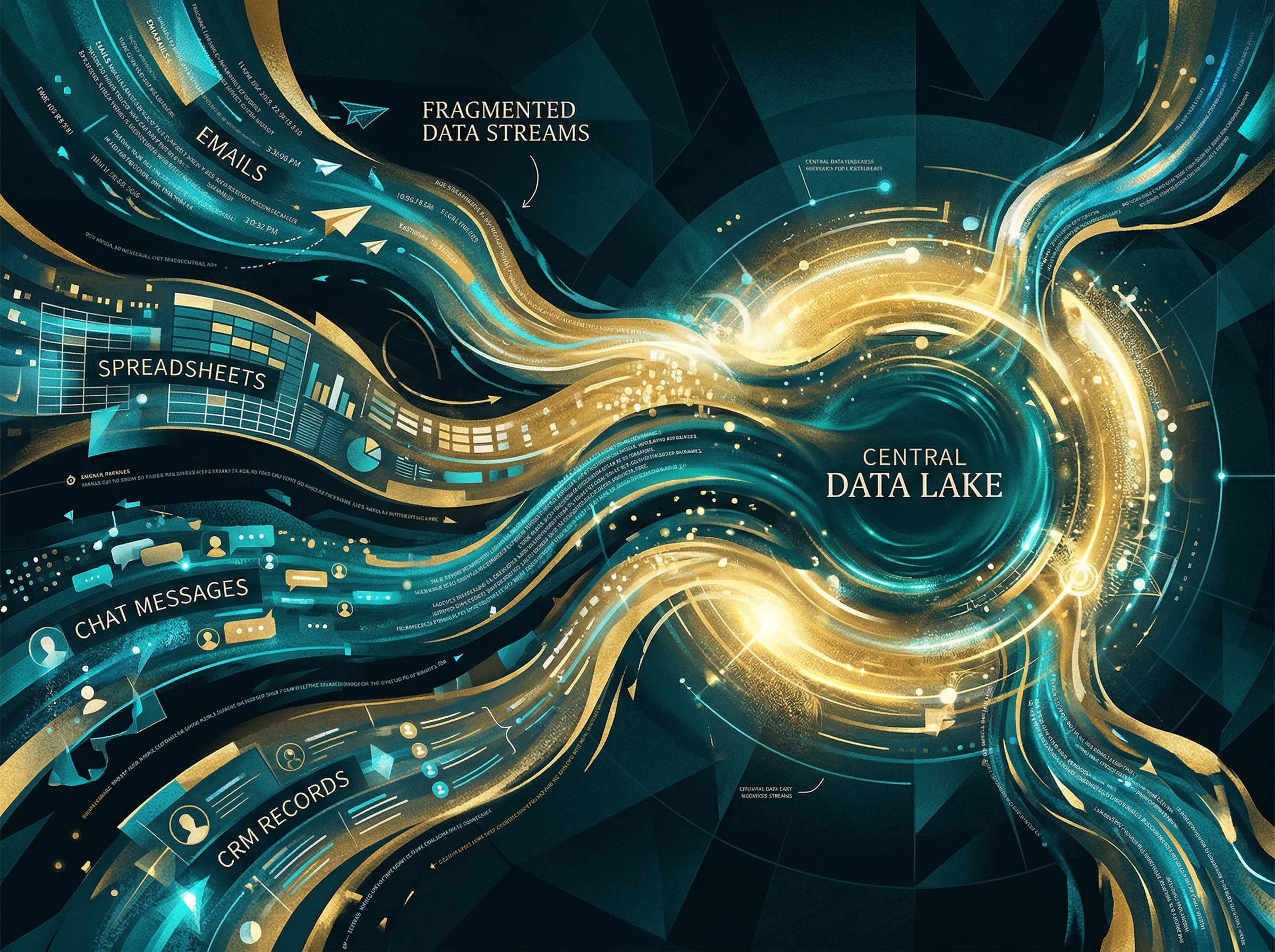 Fragmented data streams flowing from scattered tools into a unified data lake at the center