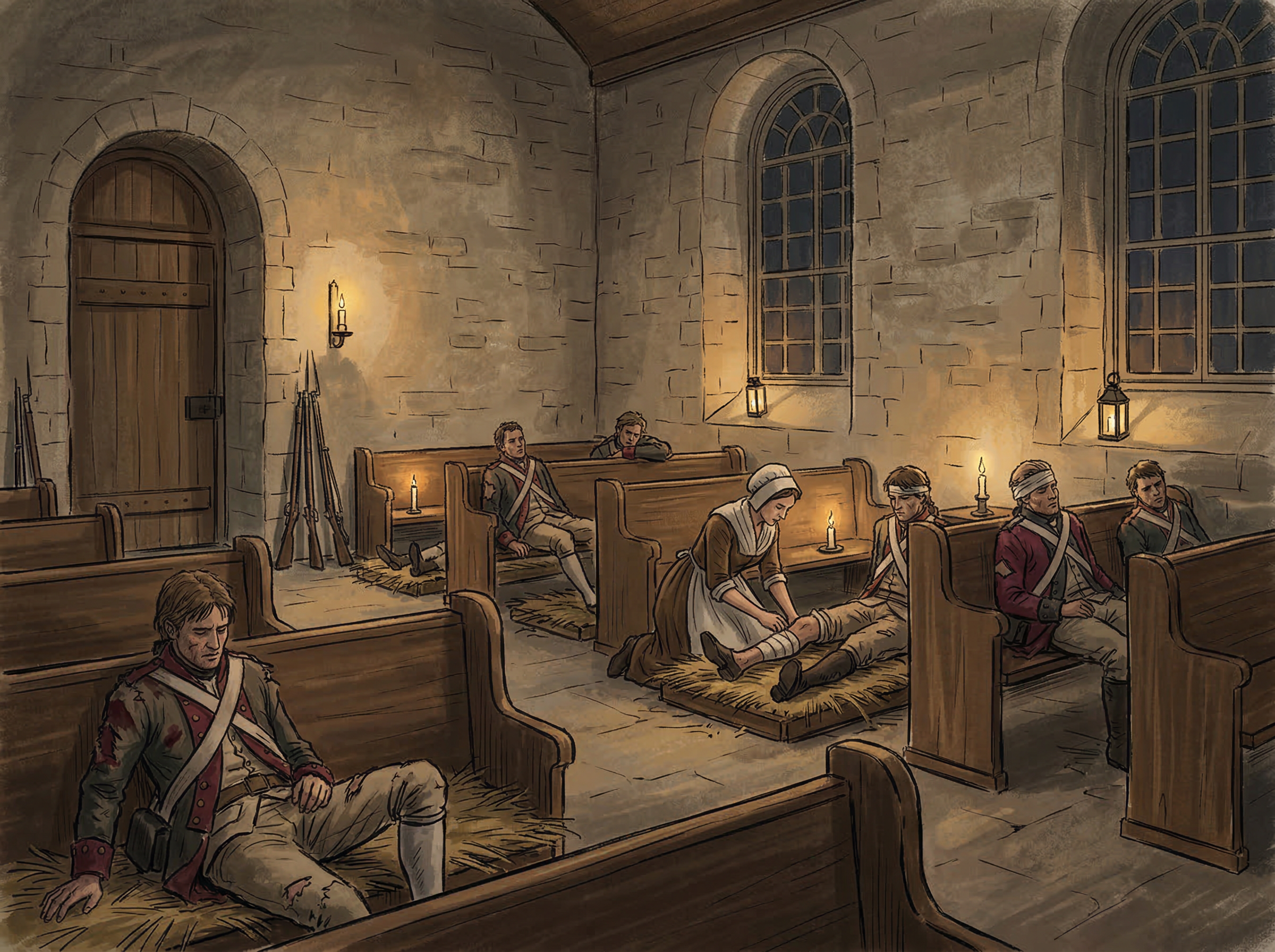 Continental Army hospital inside a converted Moravian church, soldiers on cots tended by candlelight
